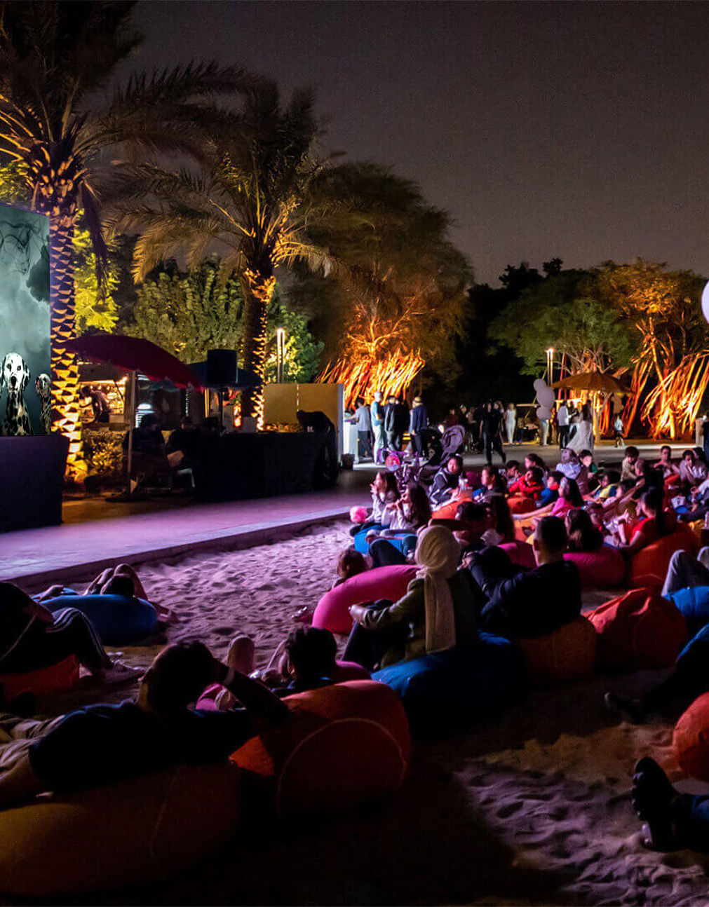 Group of people in outdoor area at night looking at screen