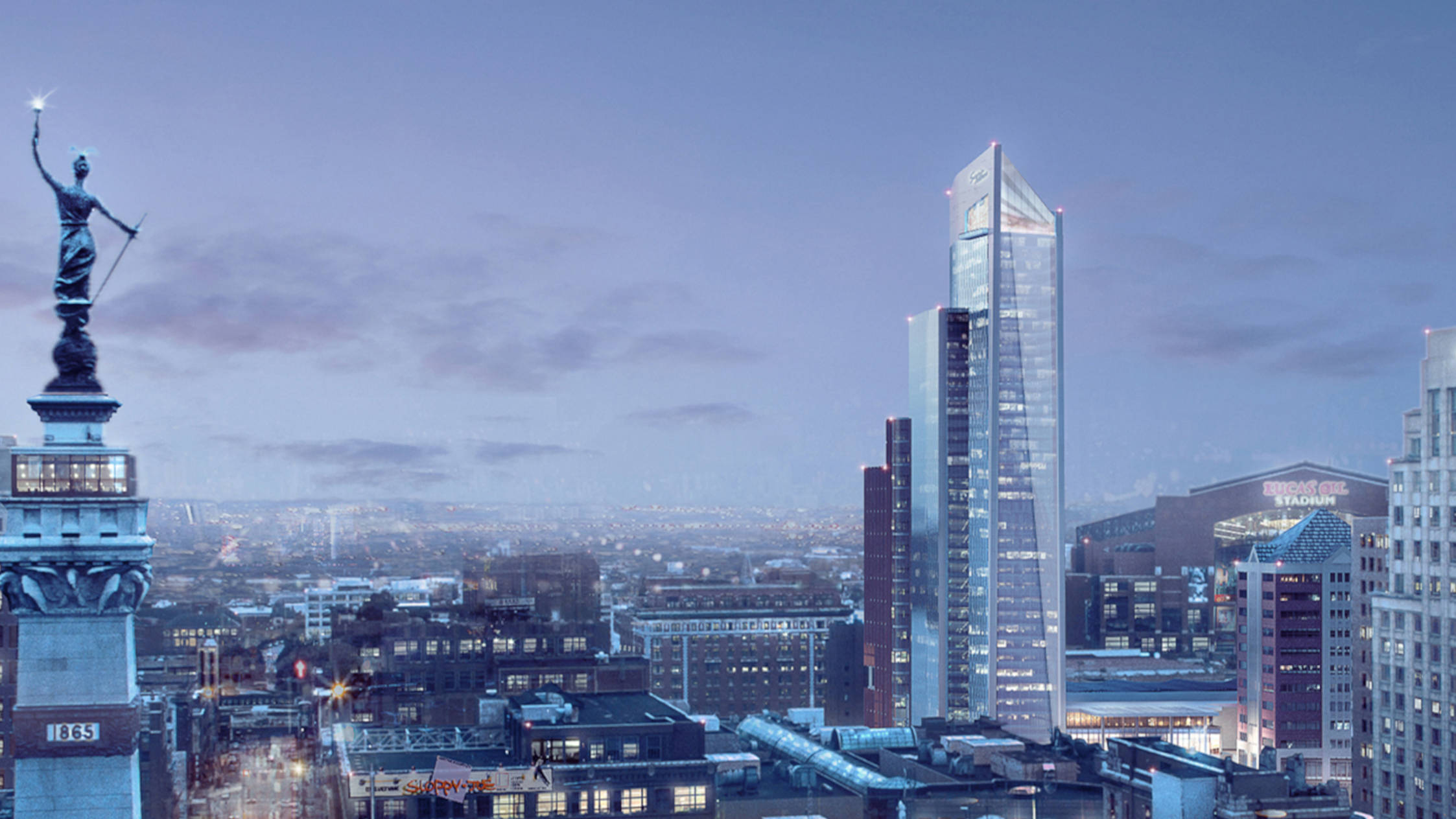 Blick auf das Stadtzentrum von Indianapolis bei Dämmerung mit Monument Circle und dem Soldaten- und Seefahrerdenkmal, das im Vordergrund steht. Um das Monument herum befinden sich historische und moderne Gebäude mit einem hohen Wolkenkratzer aus Glas, der im Hintergrund zu sehen ist. Die Straßen strahlen vom Kreis aus, erhellen durch Straßenlicht und der Himmel ist in einem sanften Blau- und Lilaton gehalten.