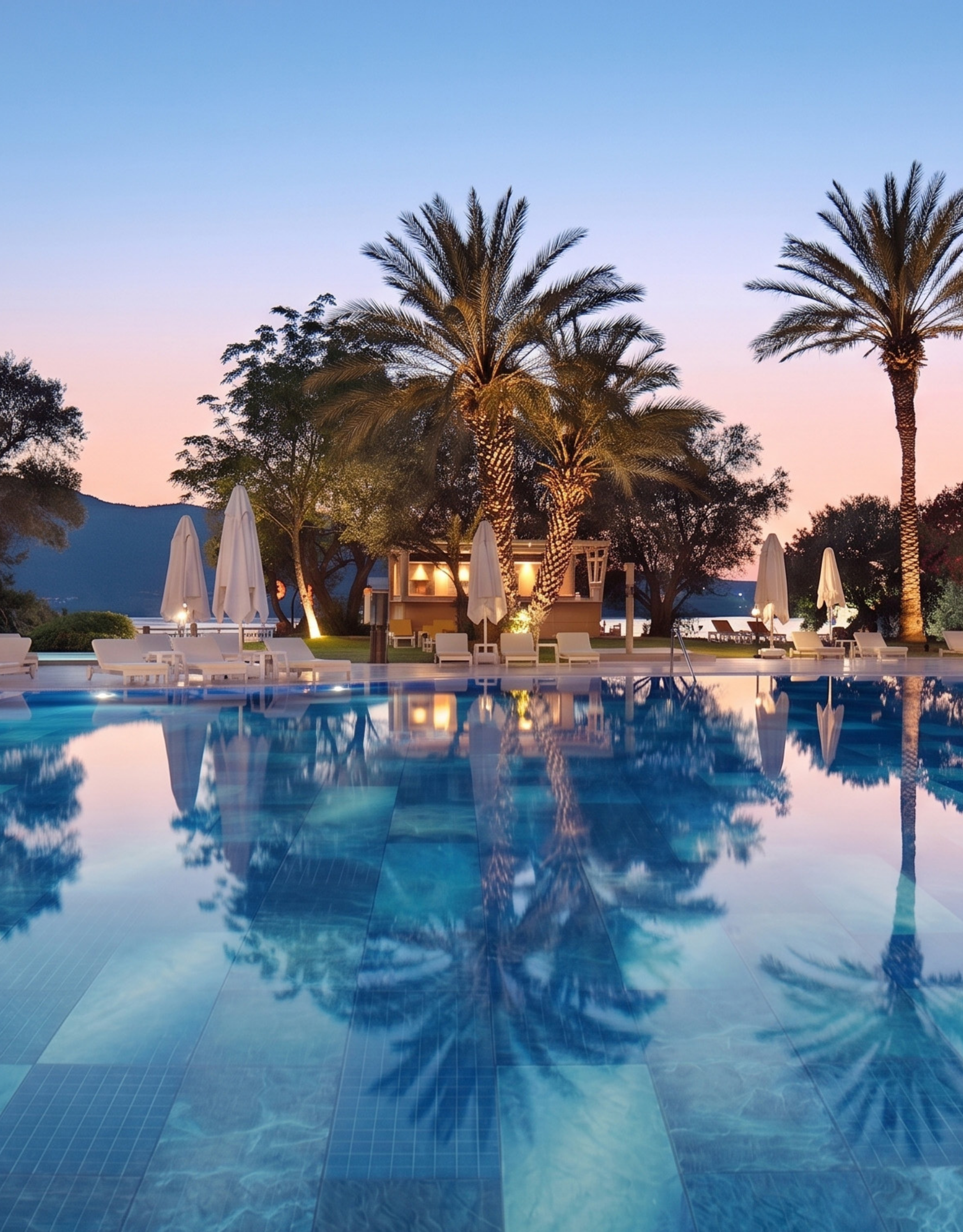 Outdoor Pool Area with Palm Trees and Lounge Chairs