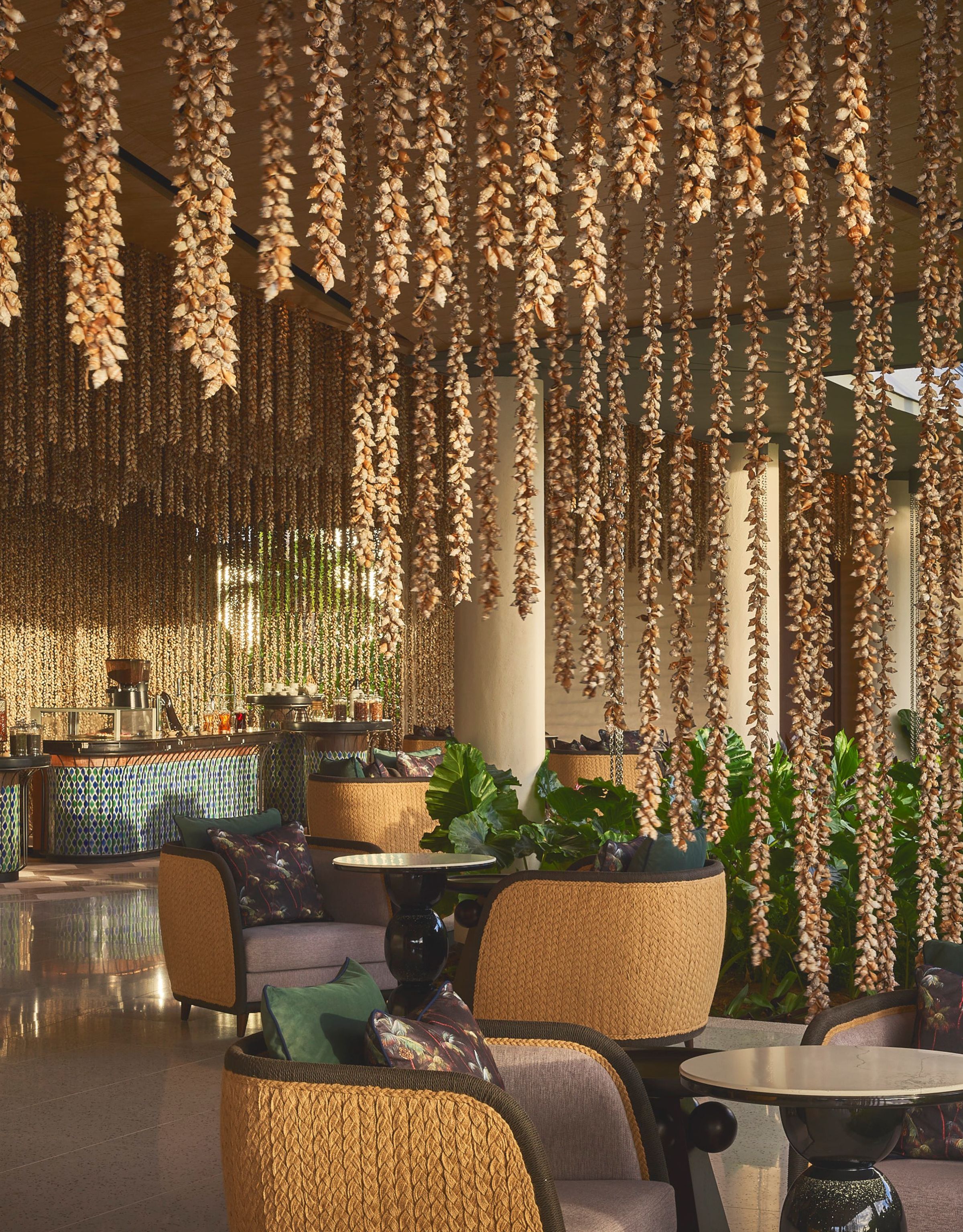 tables and chairs, floral vines hanging