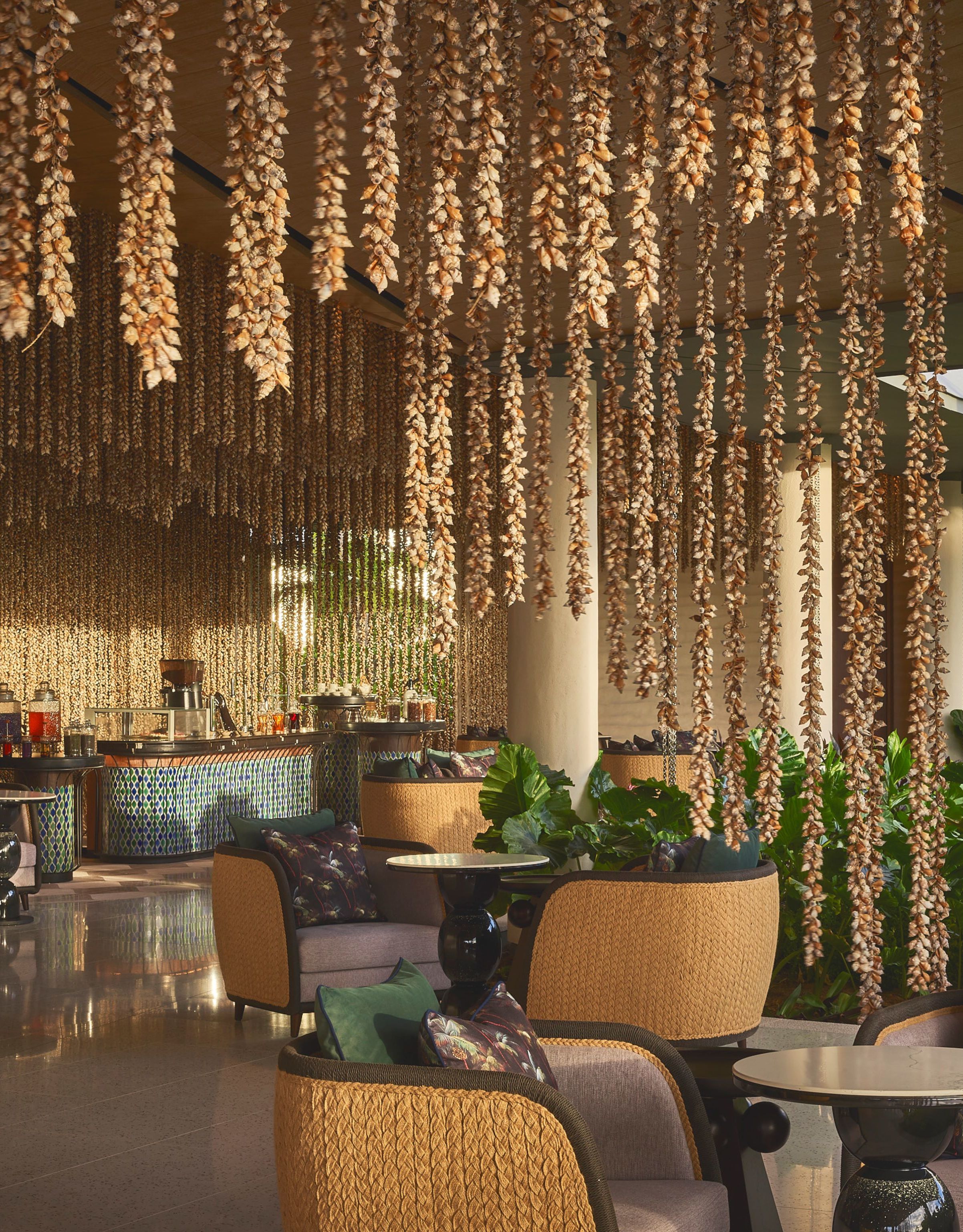 tables and chairs, floral vines hanging