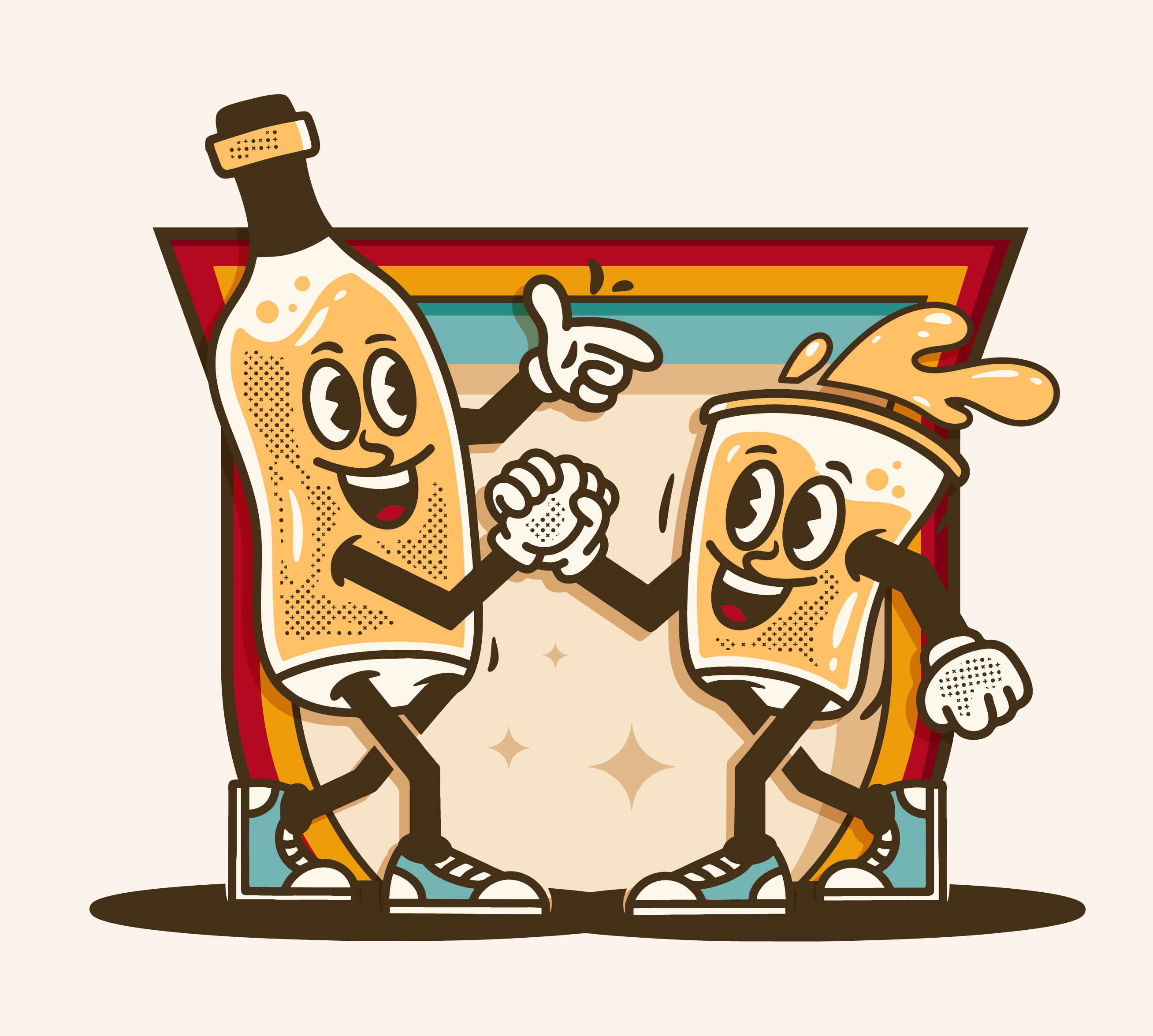 Cartoon showing bottle and cup smiling and shaking hands
