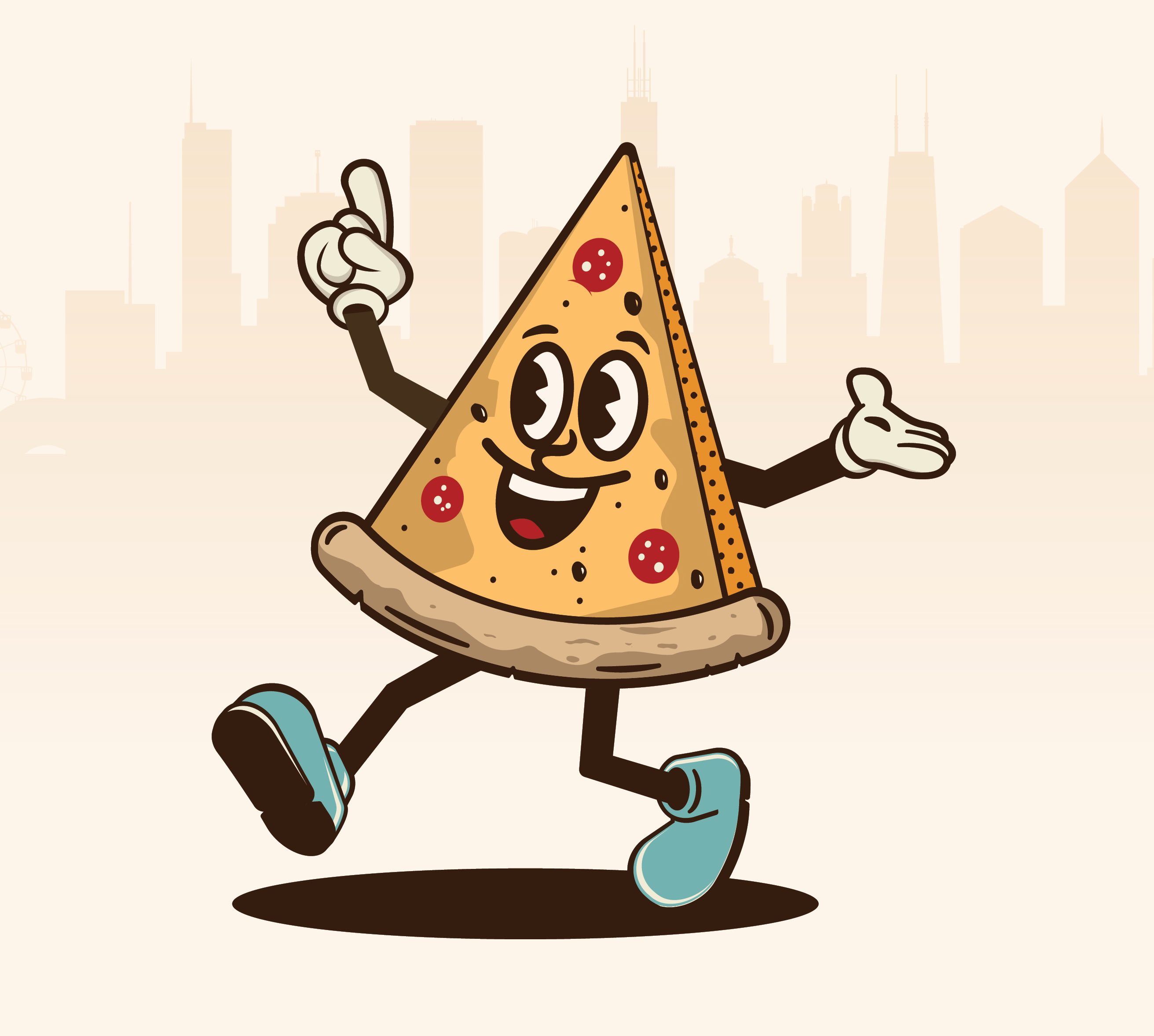 Cartoon showing pizza slice with arms and legs with hands aloft