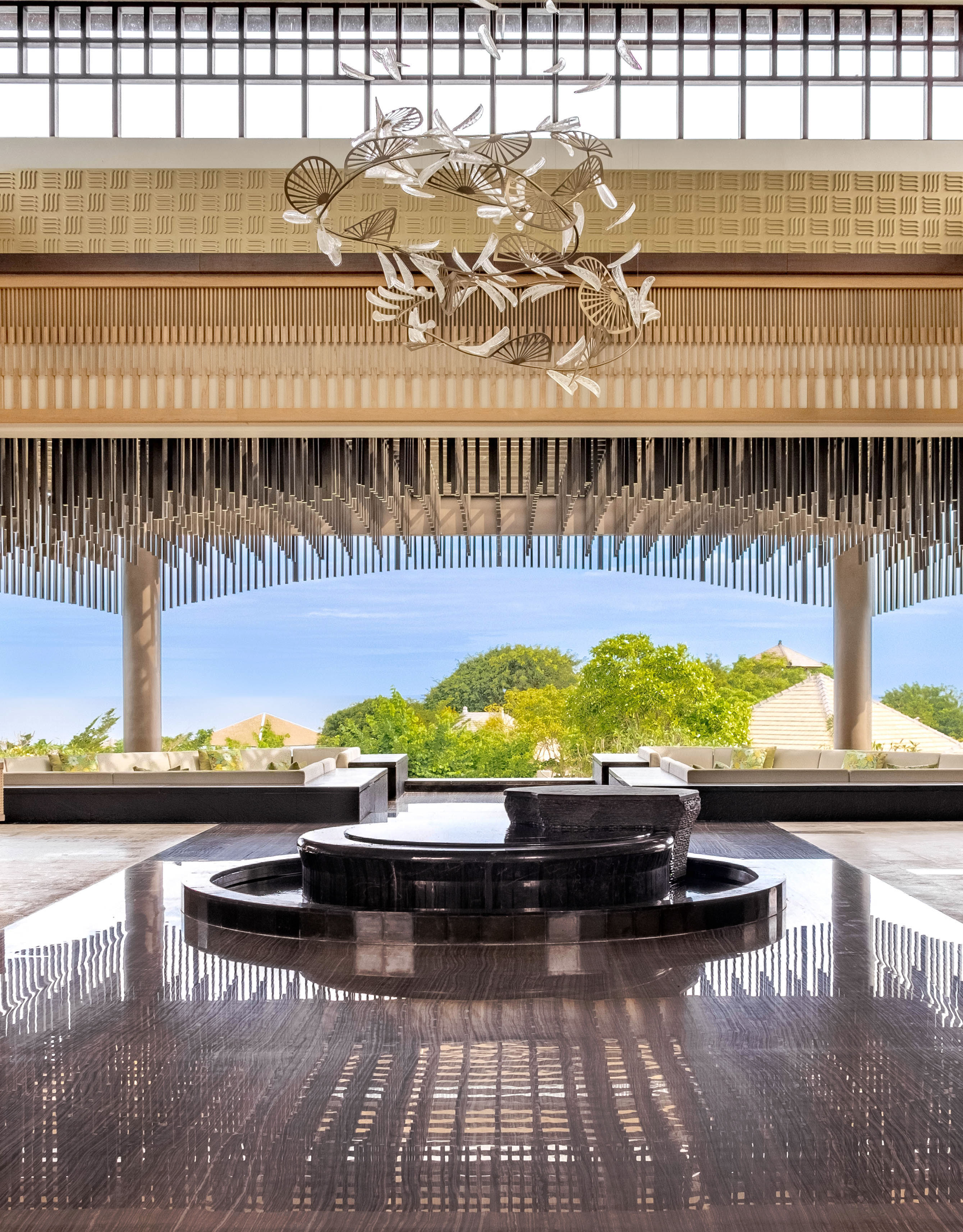 Lobby area with chandelier