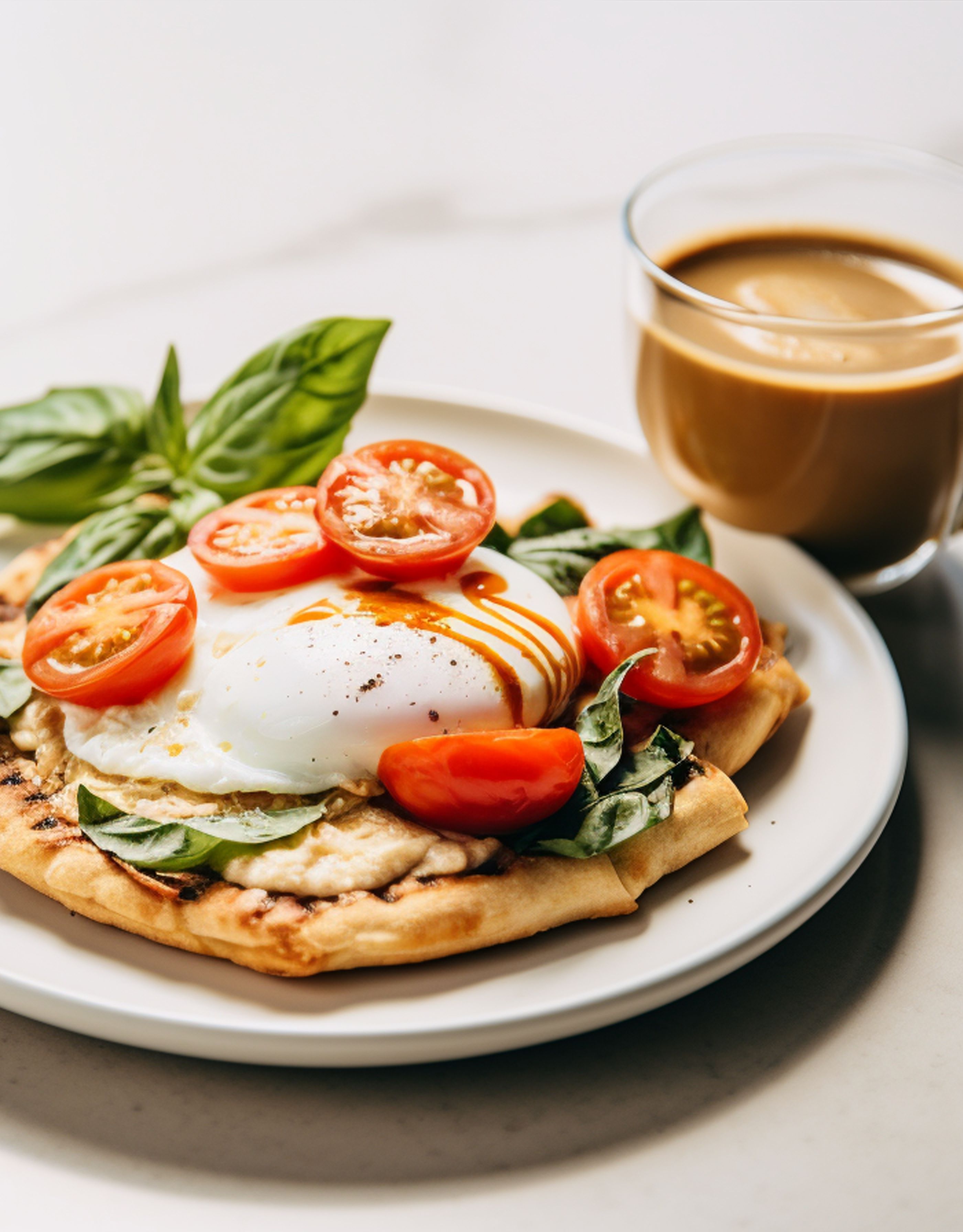 A Cup of Coffee and a Plate with Bread, Eggs and Tomatoes on a Table