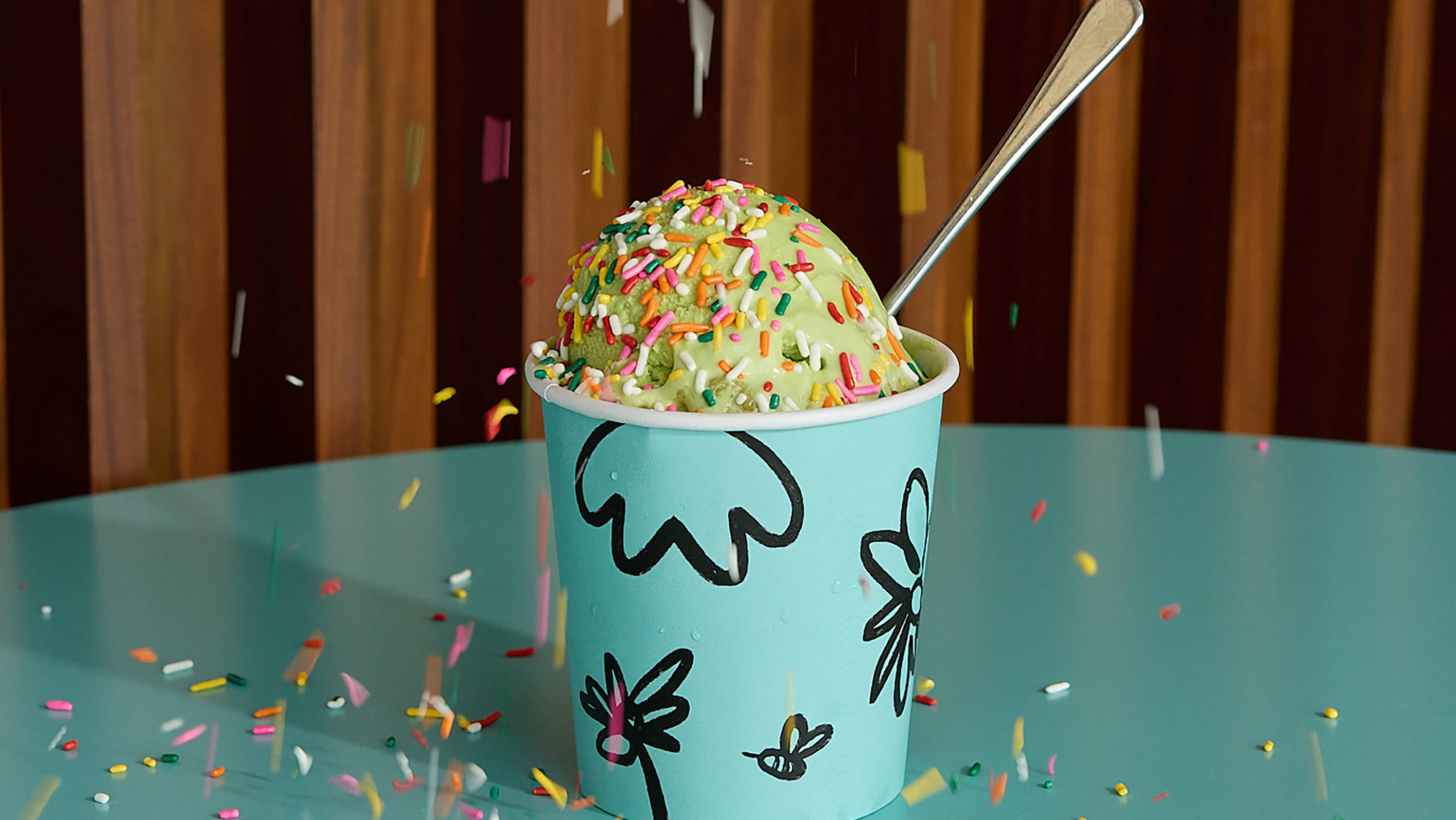 Ice Cream with Multi-colored Candy Sprinkles in a Cup at Little Spoon Restaurant