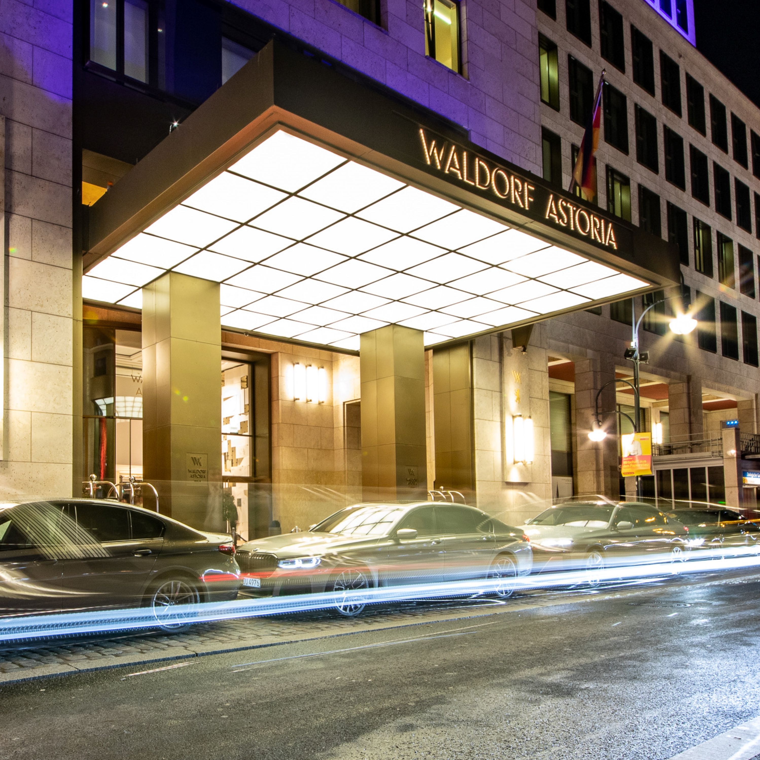 Exterior shot of hotel at night