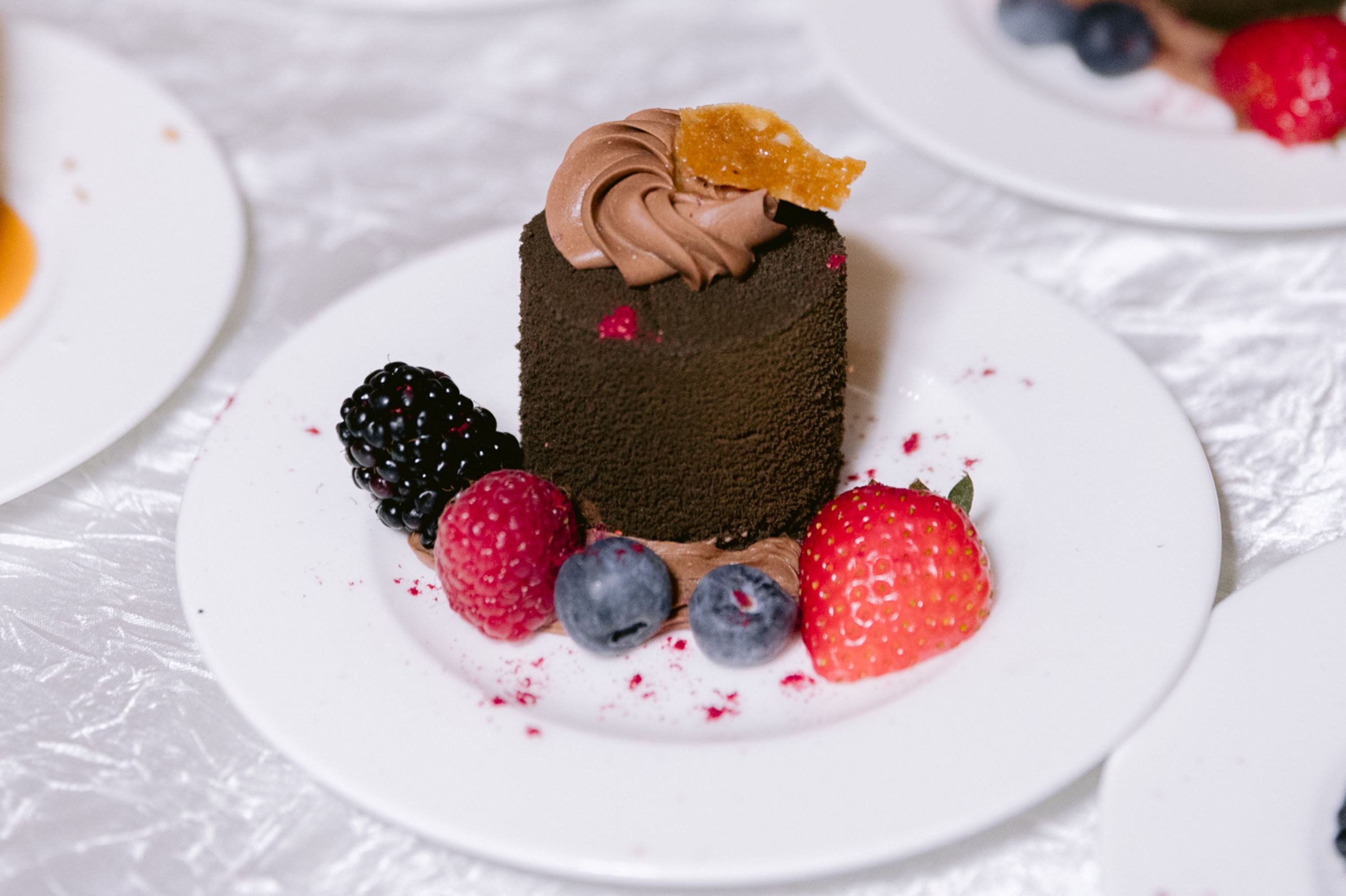 Close up of dessert case with fruit