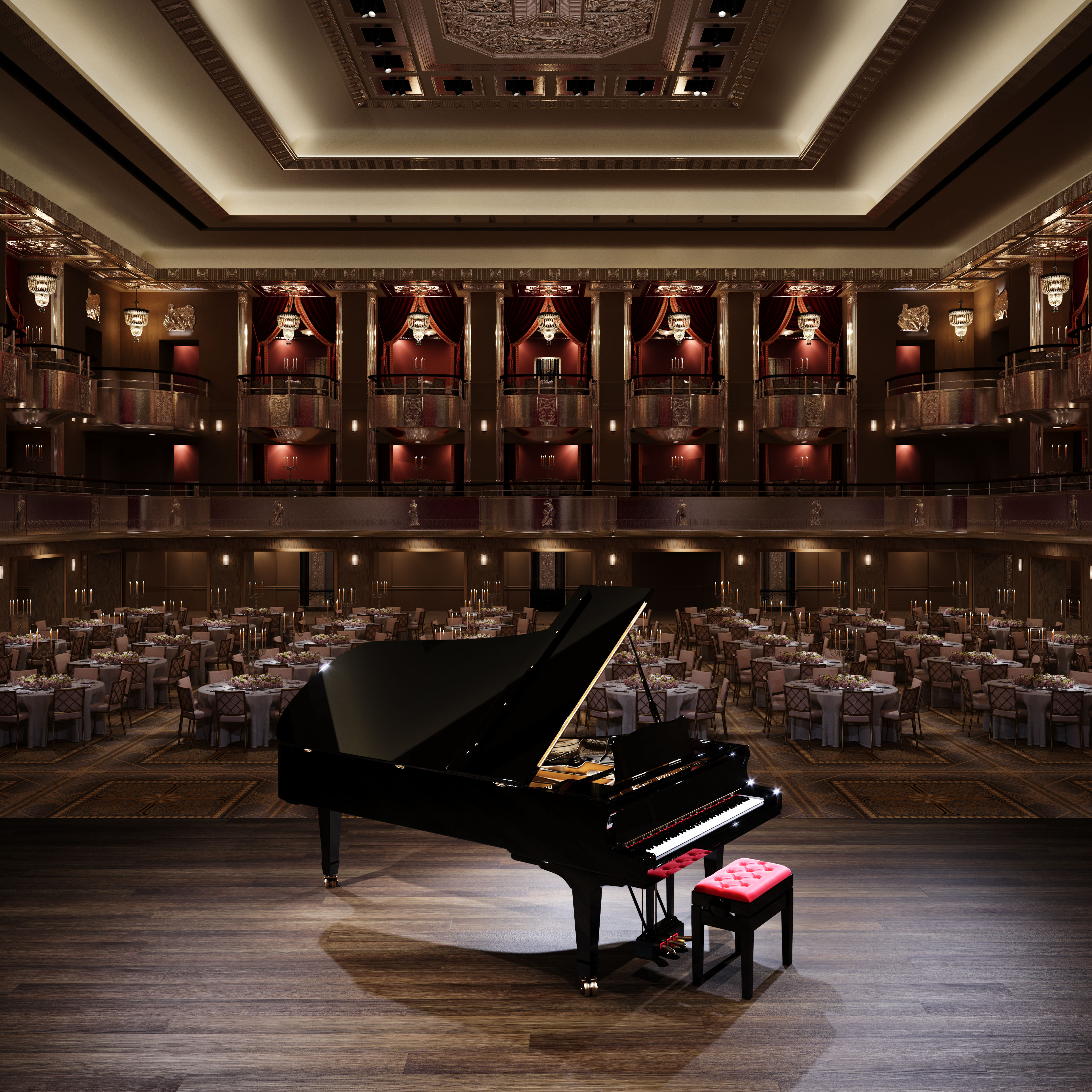 grand ballroom with grand piano on stage