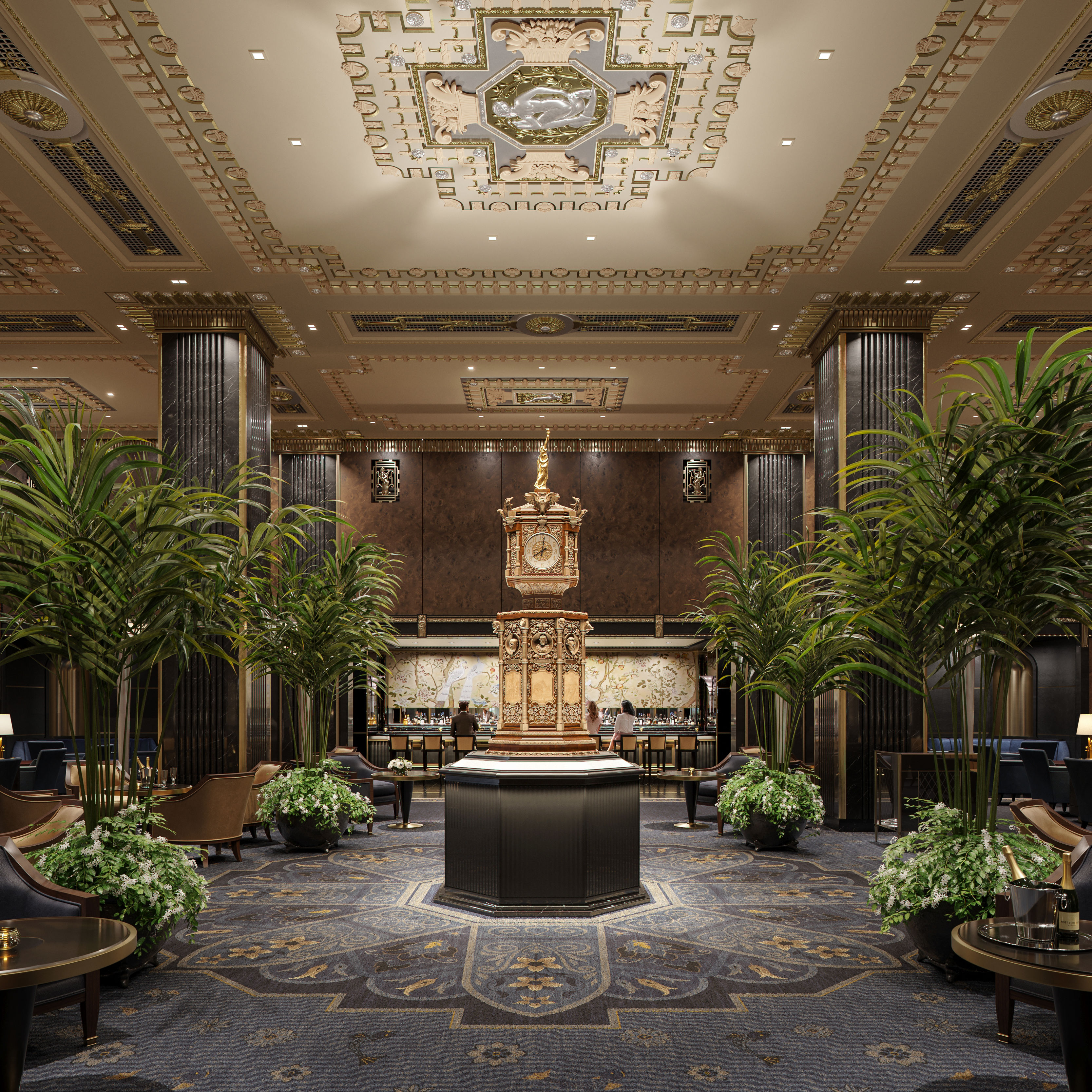 hotel lobby with bar and guests