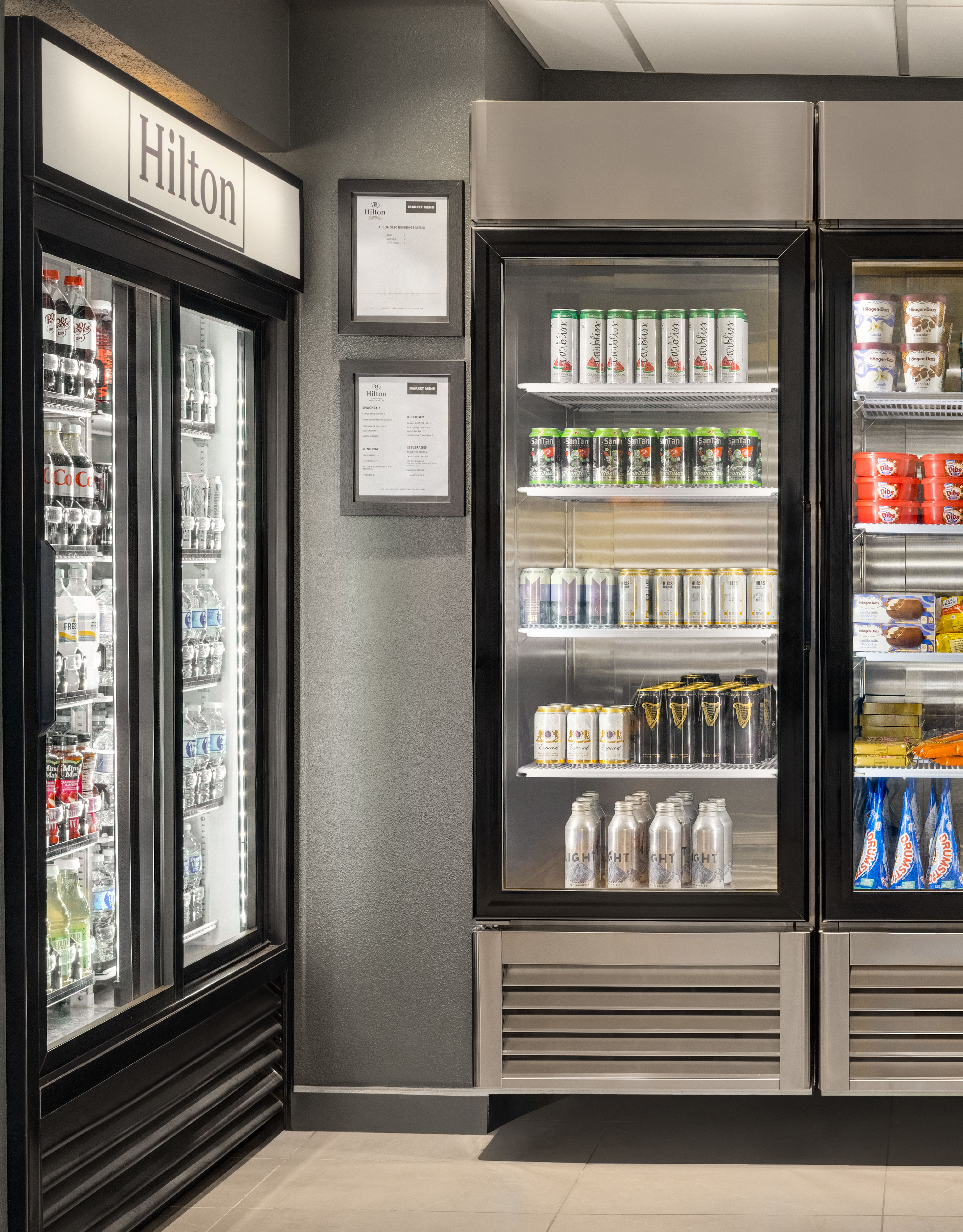 Hotel self-service snack area with refrigerated and frozen options