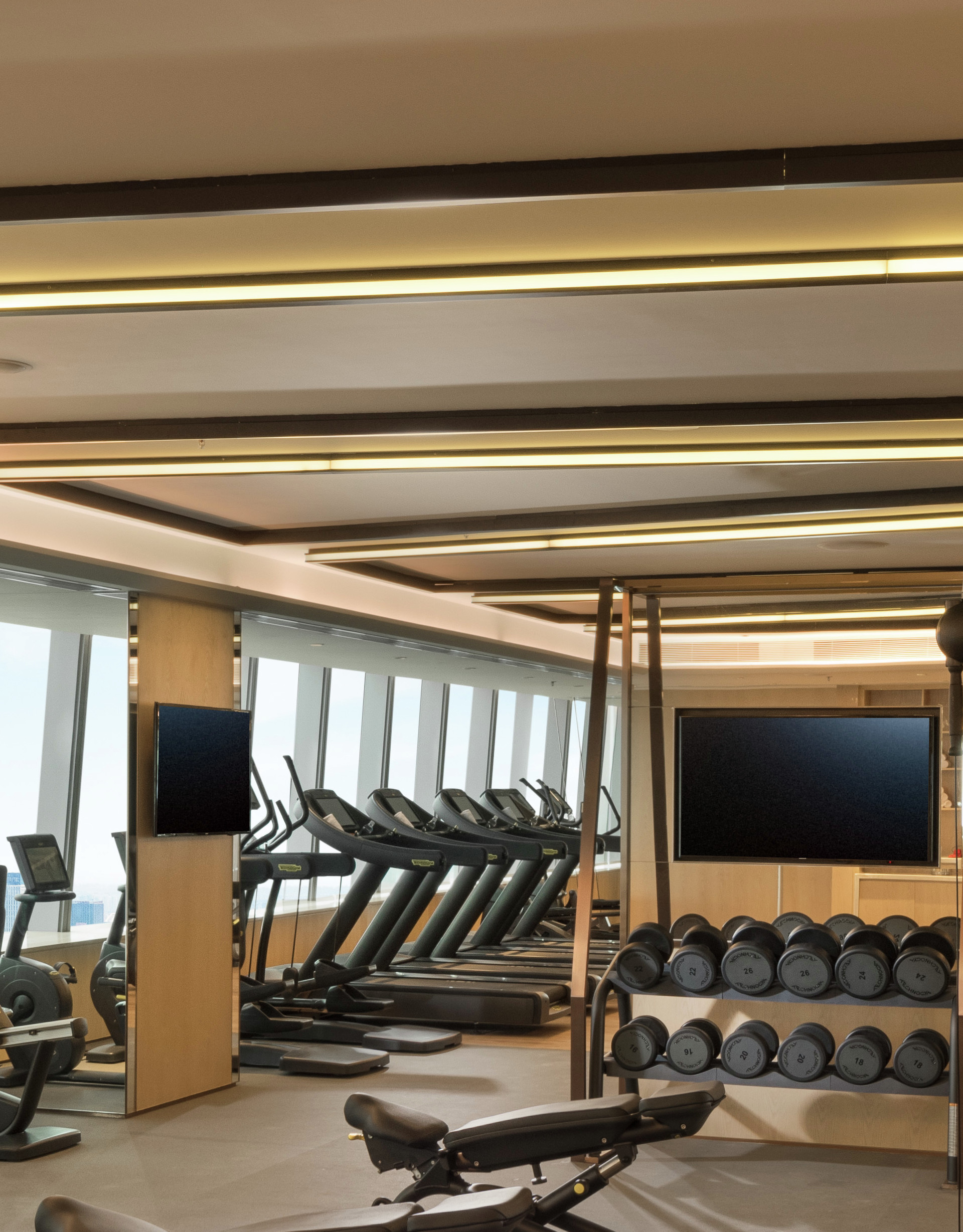 Fitnesscenter med aeroba maskiner och vikter