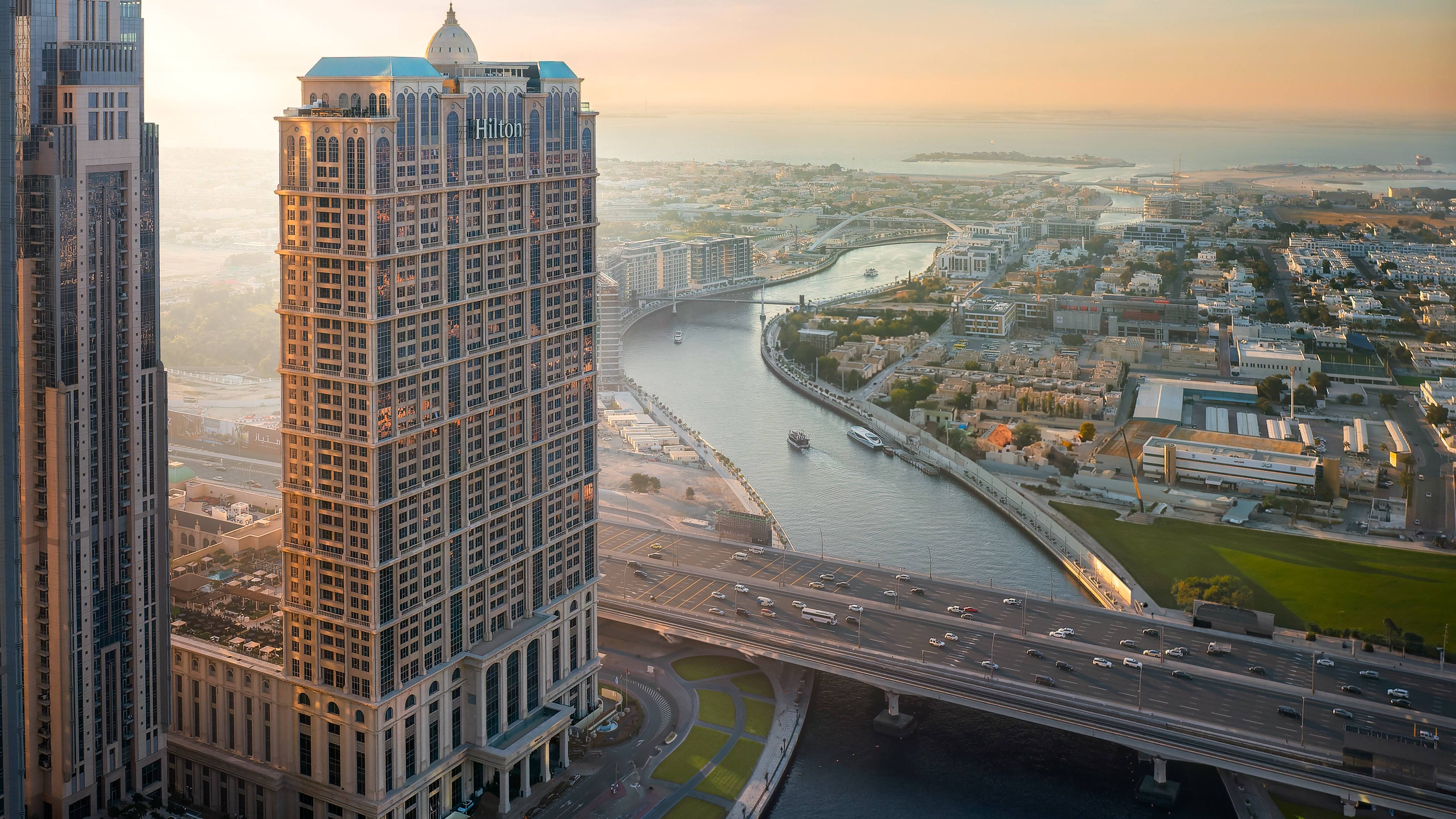 Hilton Dubai Al Habtoor City, arial view of the hotel exterior
