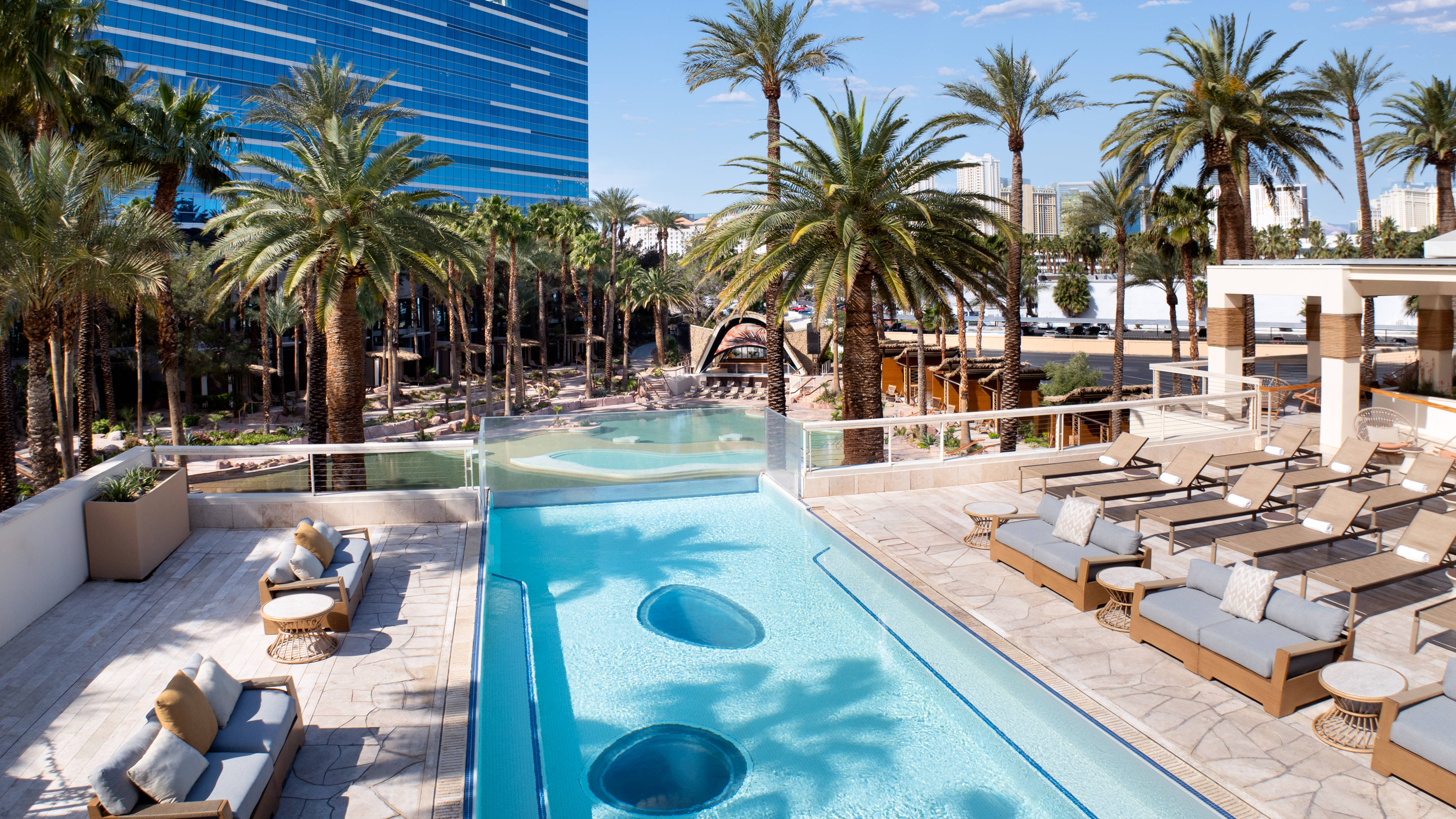 Tembakan panjang kolam renang dengan pohon palem