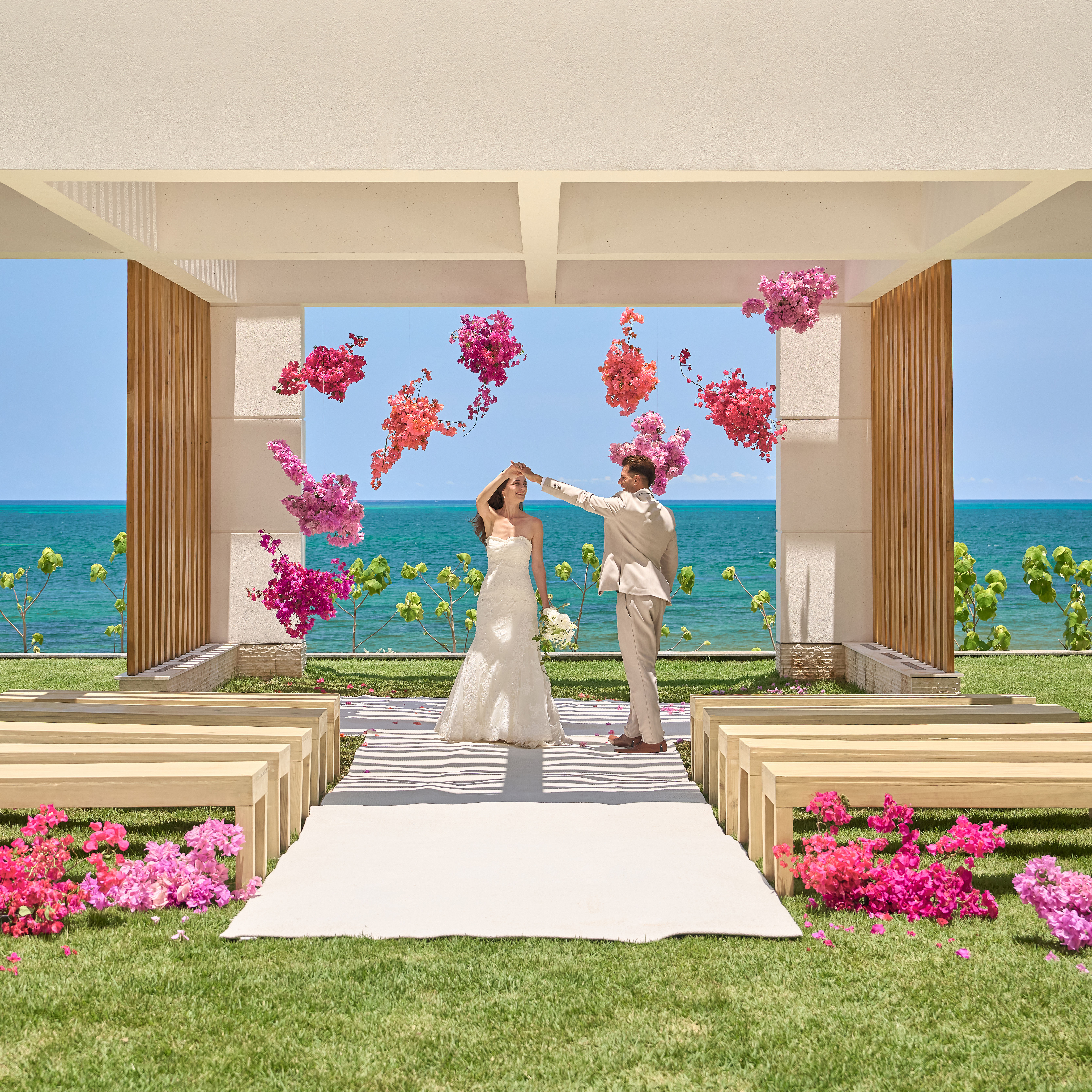 Wedding Pavillion, flowers, bride & groom dancing