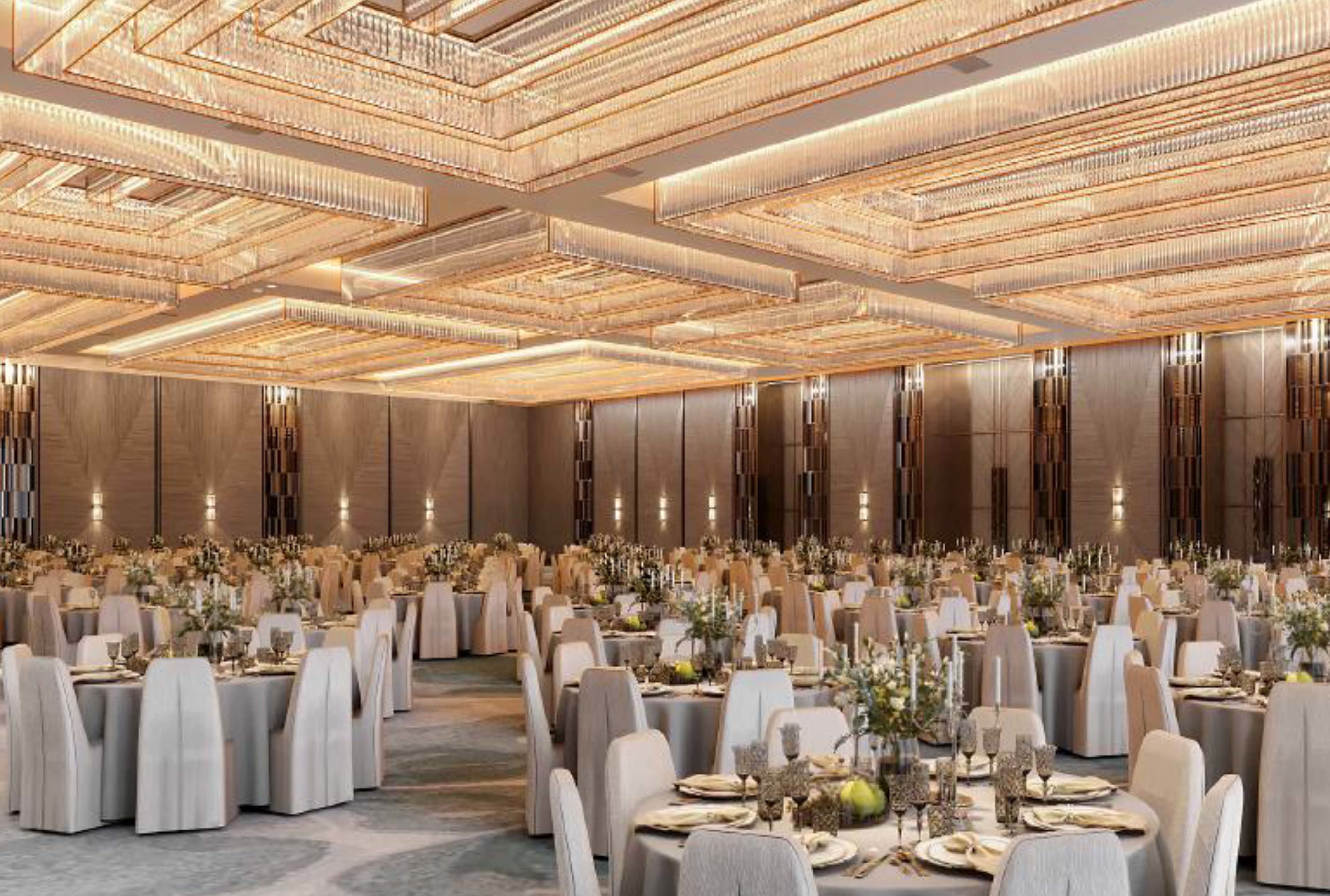Round tables in ballroom setup for a reception