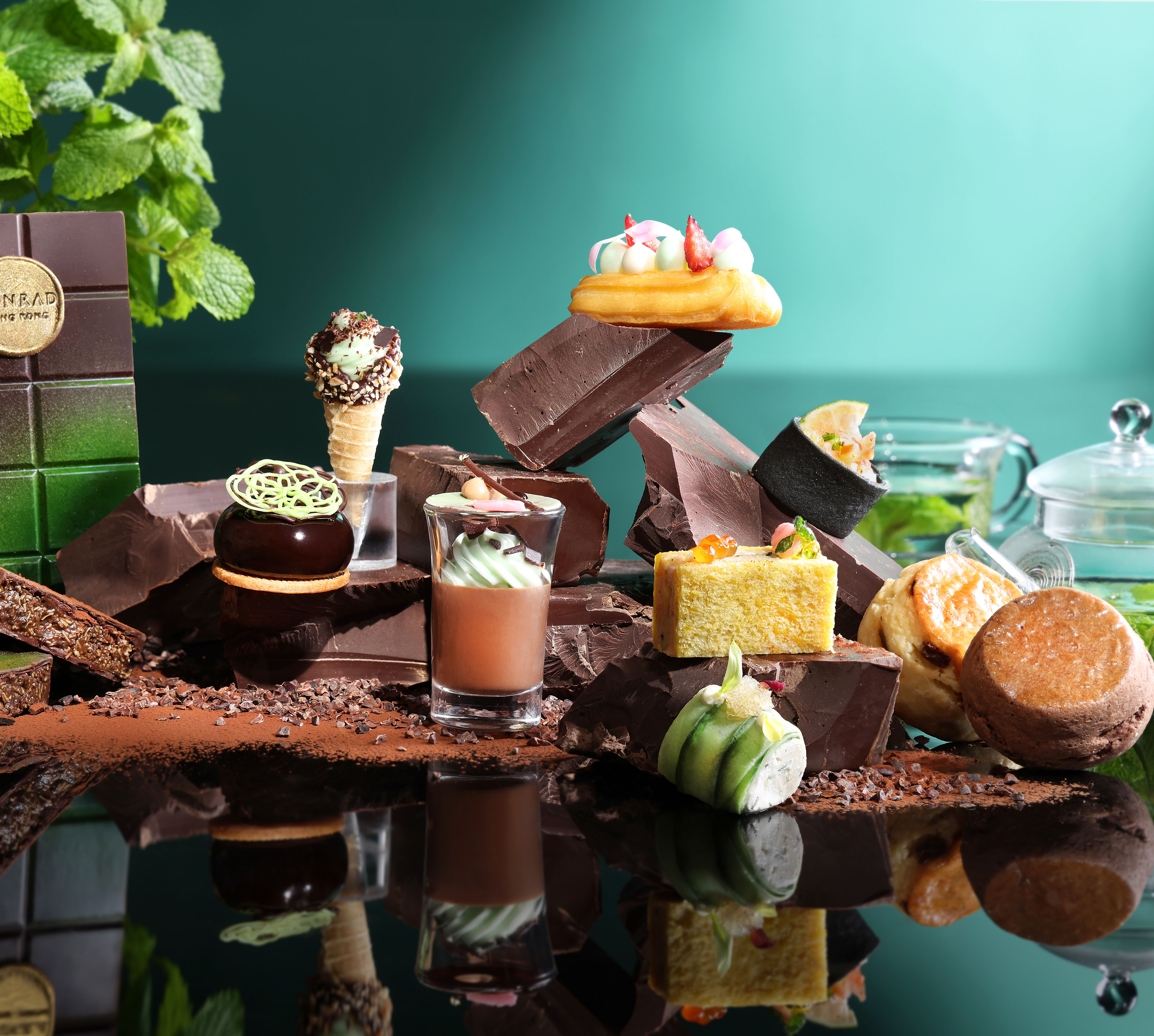a display of chocolate and mint desserts. candies, cakes, cookies