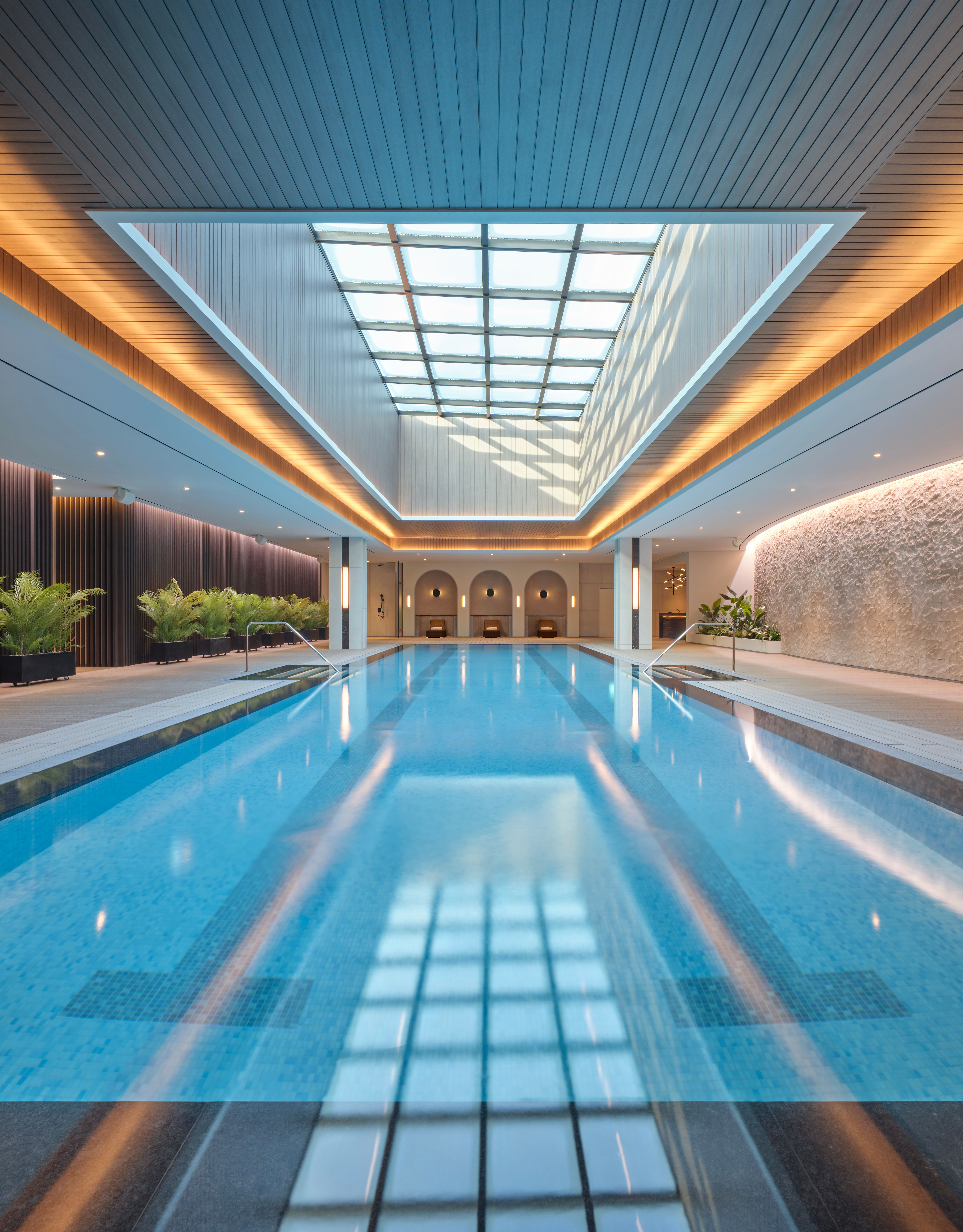 숲과 오버헤드 채광창이 있는 실내 수영장