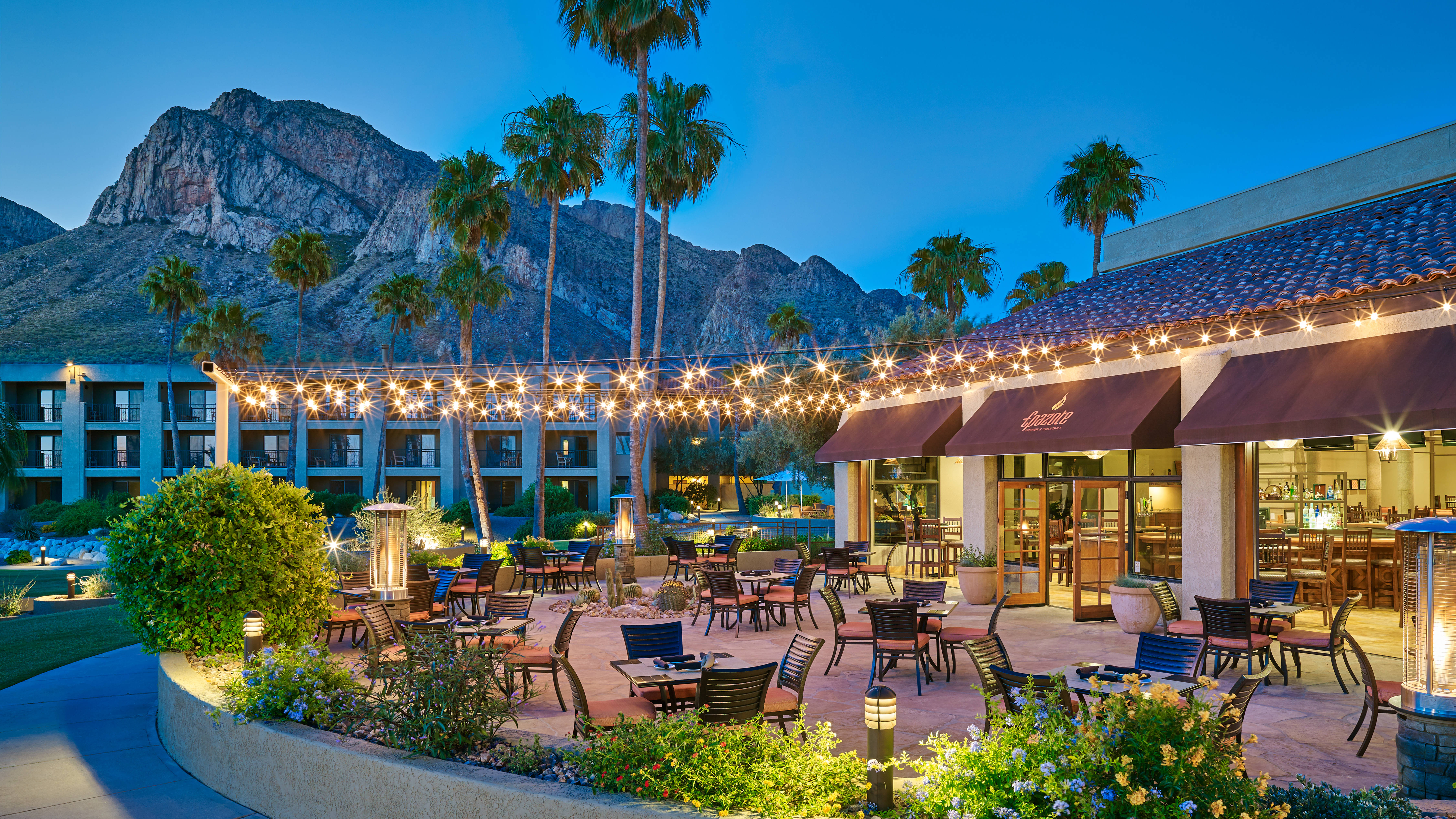 Epazote Patio Seating with Lights at Dusk