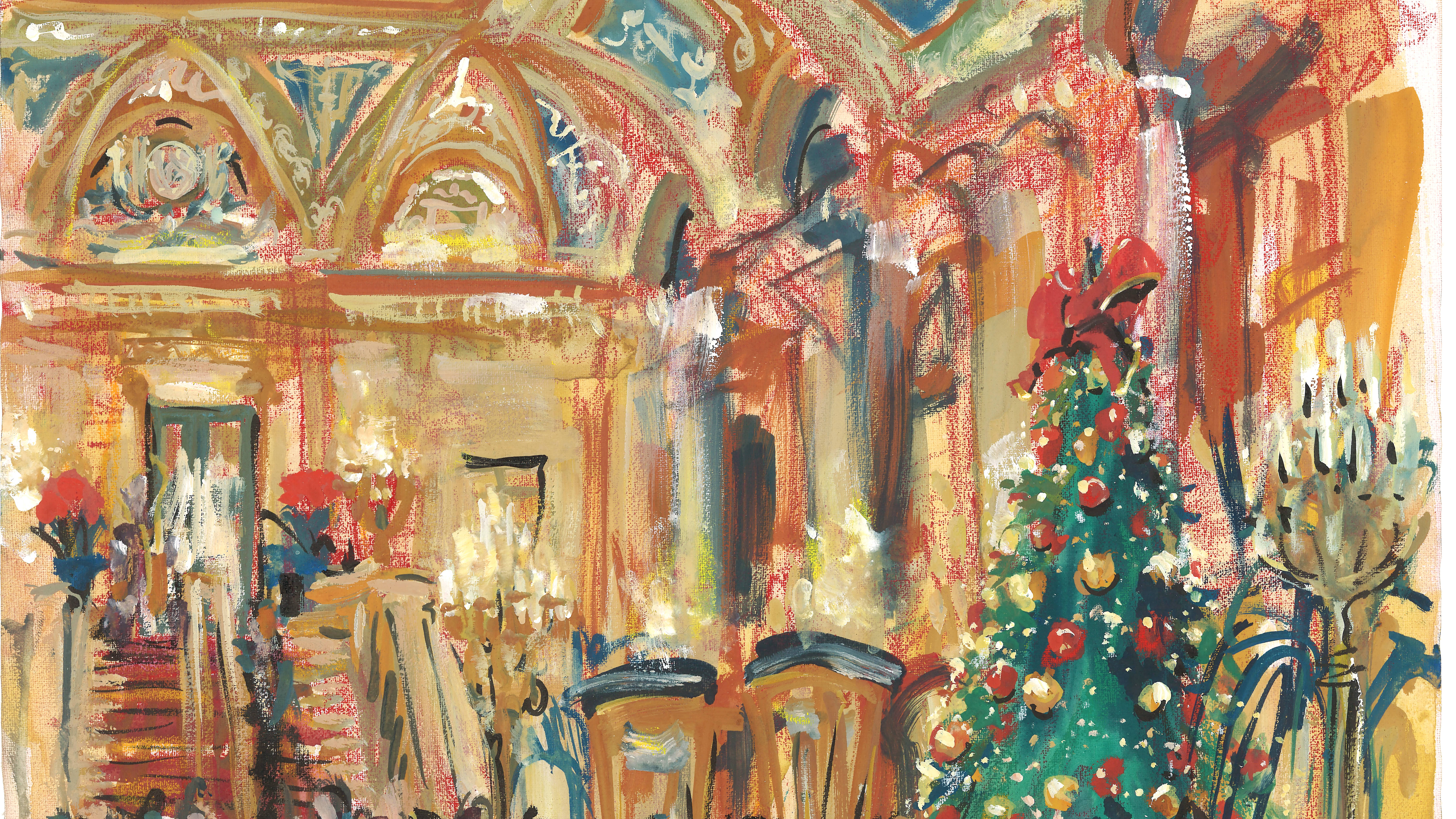 Artwork showing people in a lobby area with Christmas tree