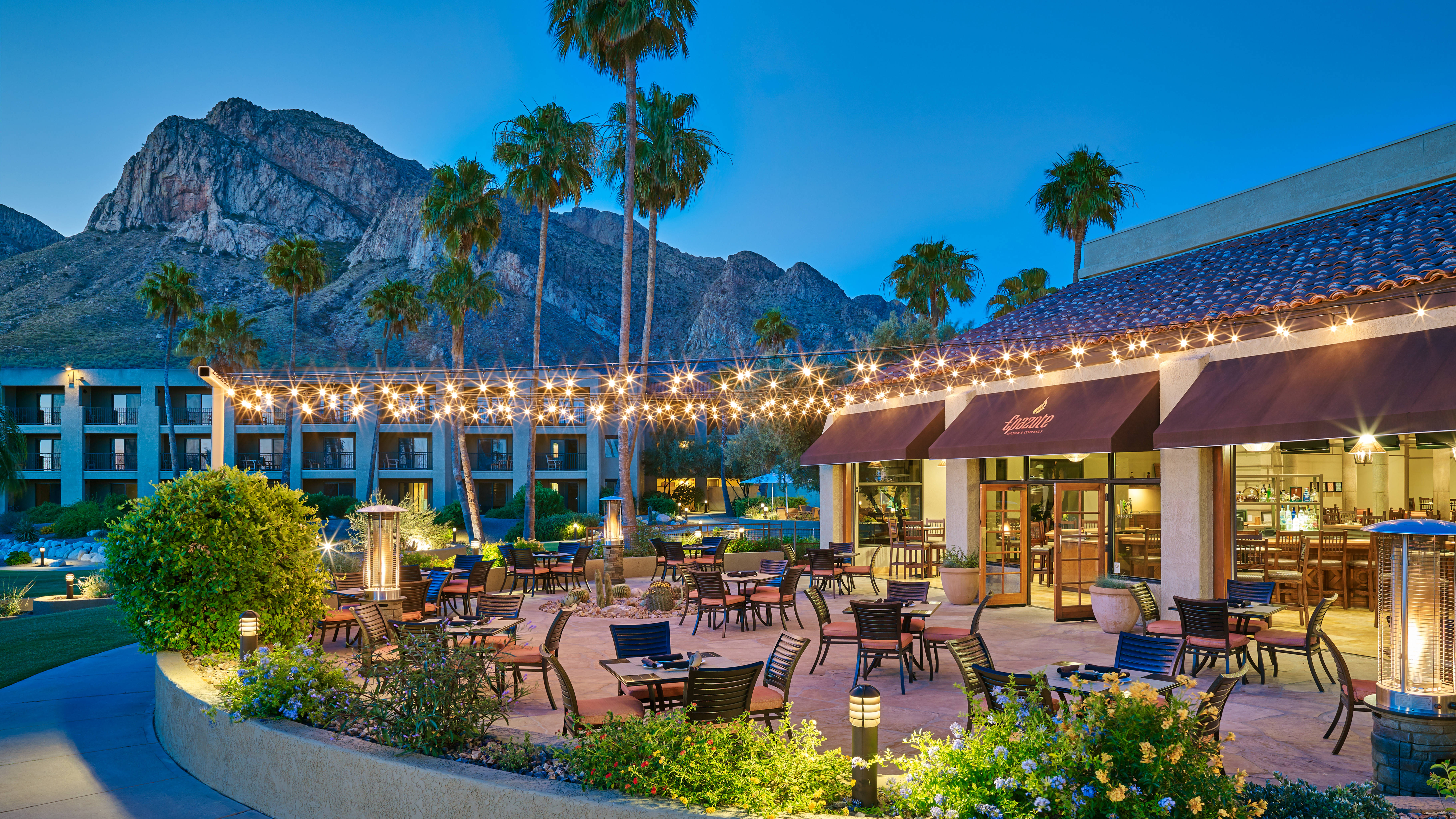 Epazote Patio Seating with Lights at Dusk