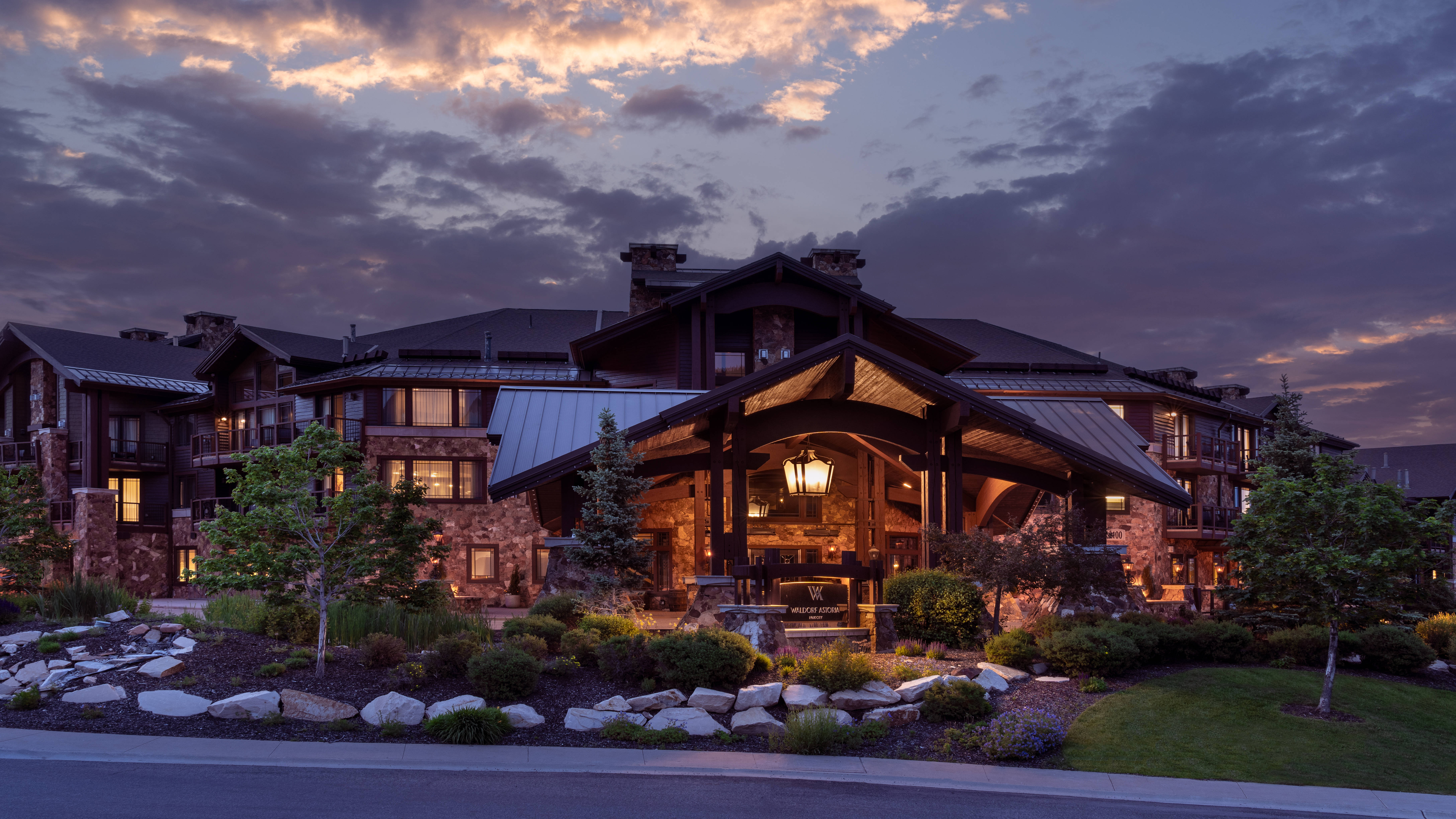 hotel exterior entrance at dusk