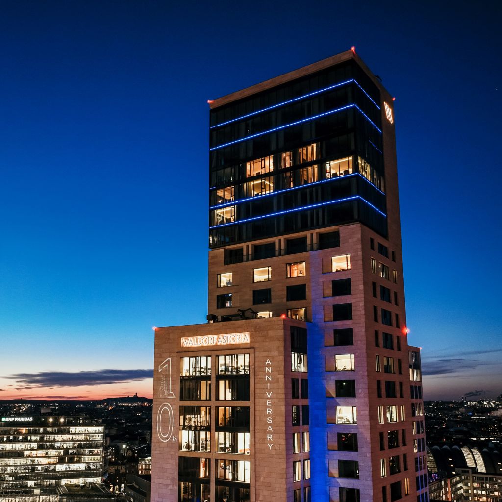Exterior shot of hotel at night