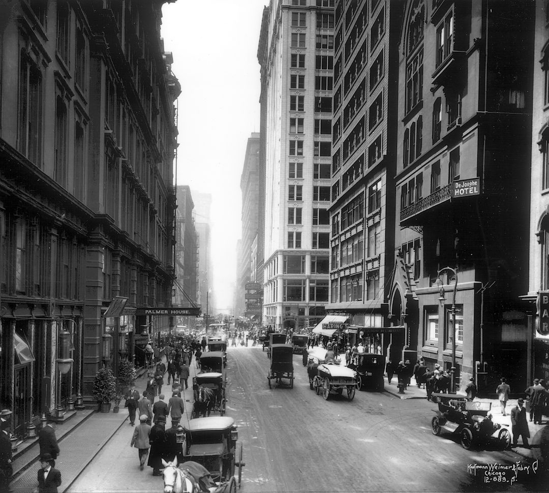 Old Black and White Picture of a Busy Street in a City