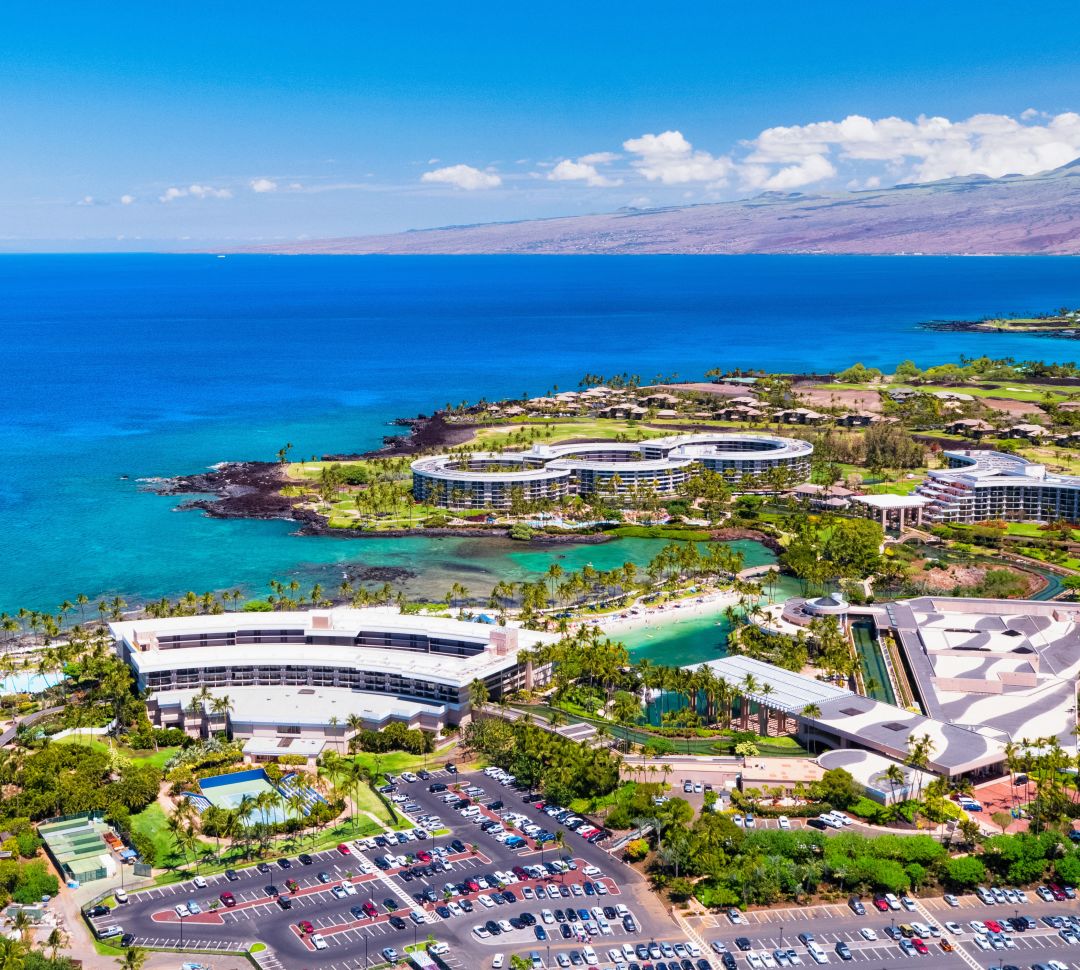 Aerial view of Waikoloa showing ocean and village complex