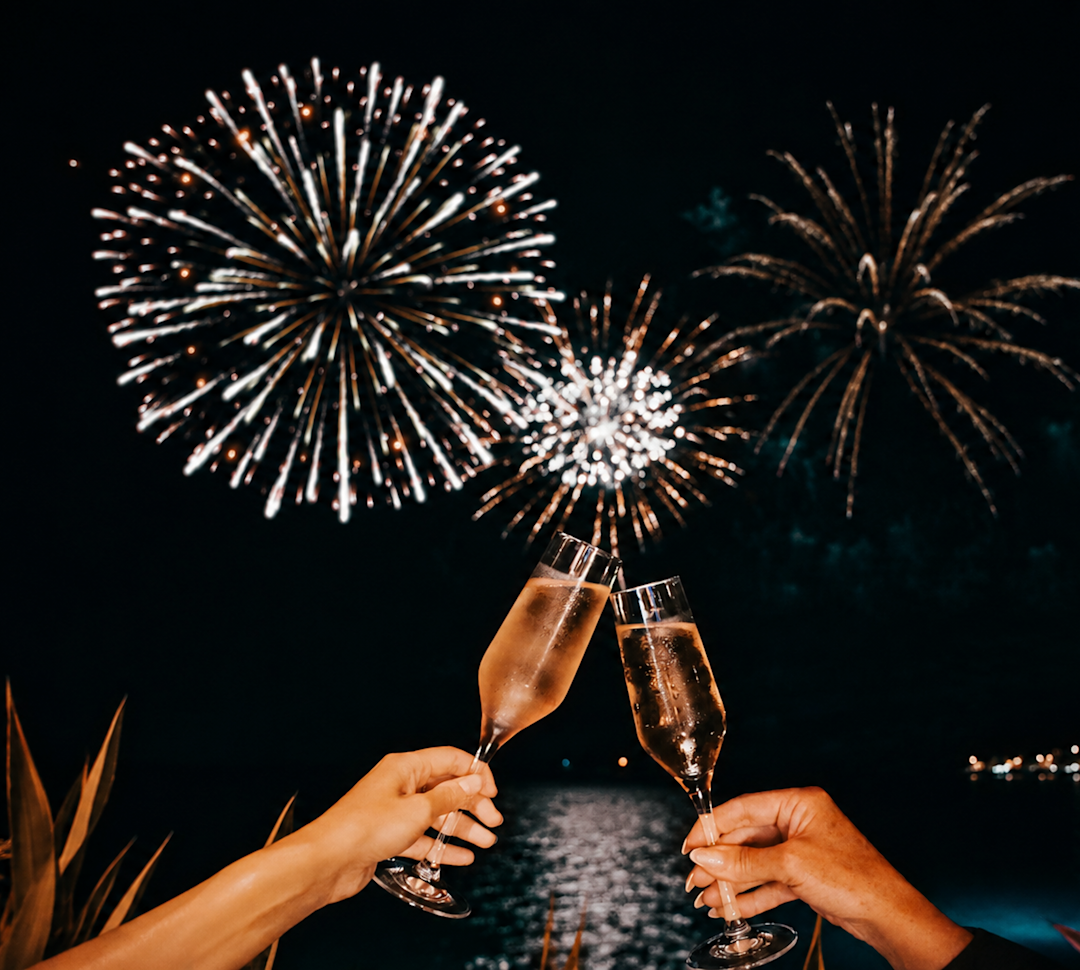 Persone che si godono lo champagne di sera mentre guardano i fuochi d'artificio