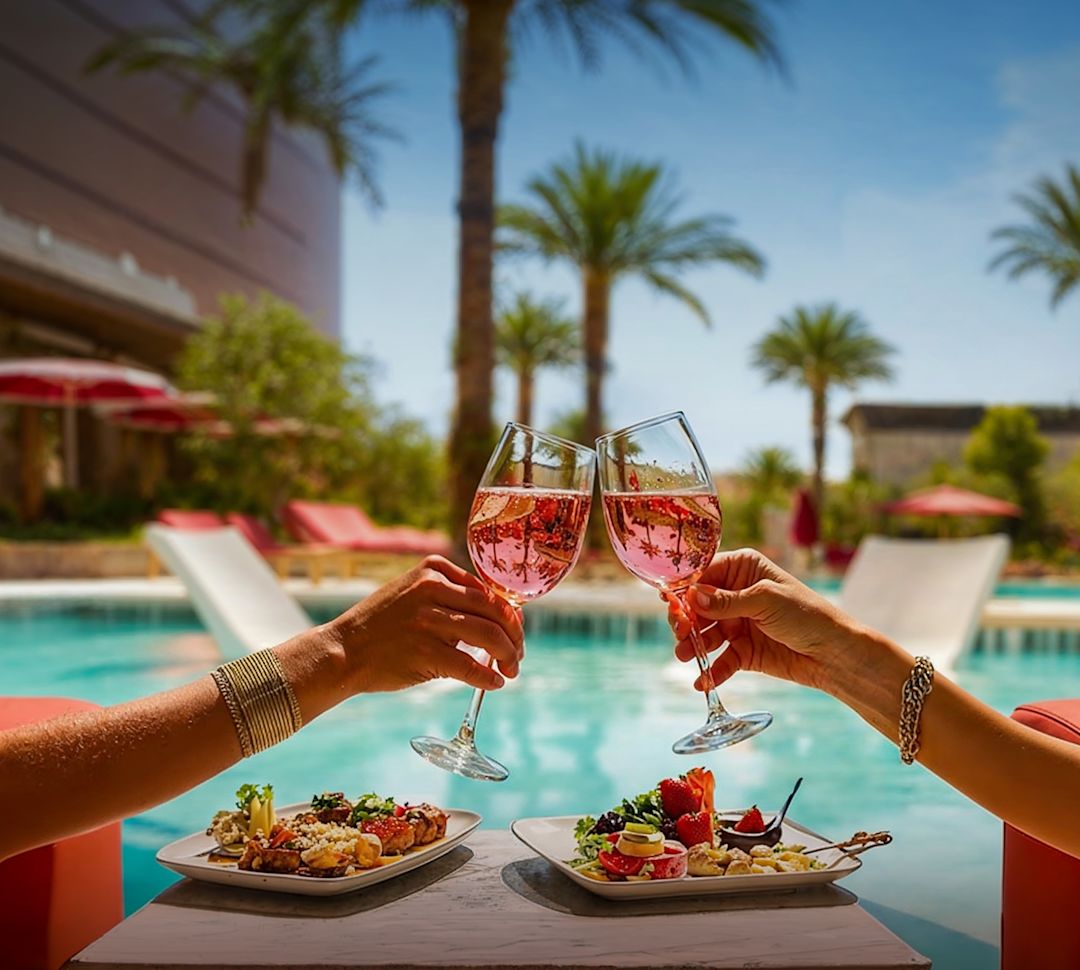 Women Dining by the Outdoor Pool Area