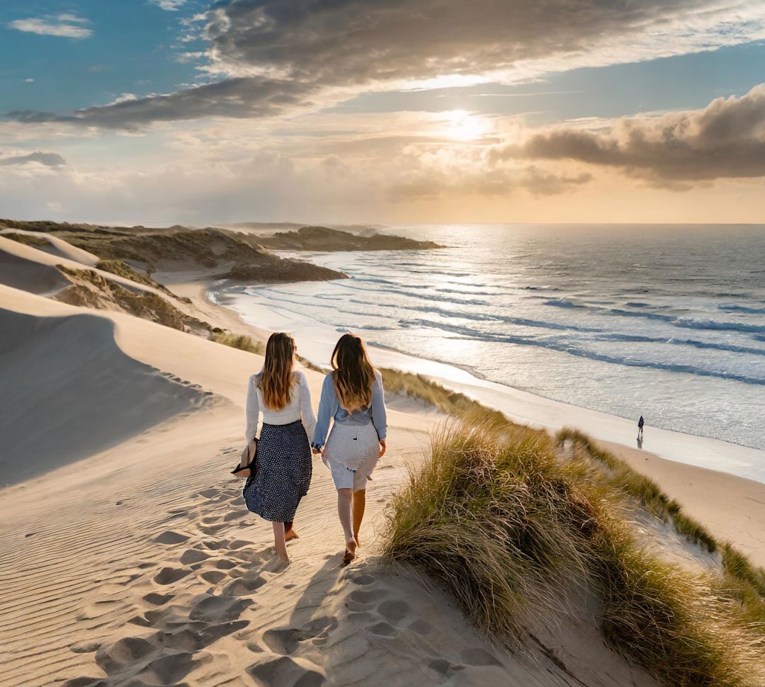 Two women holding hands walking on the beach