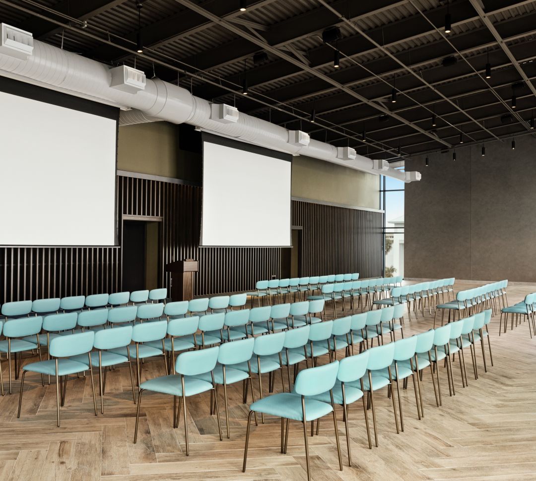 Spacious theater setup with double projector screens at back