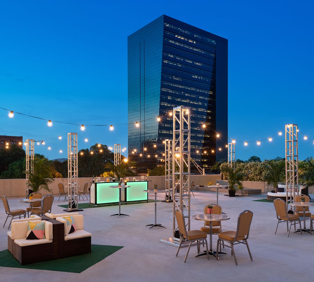 Upper Courtyard Setup for an Event in the Evening