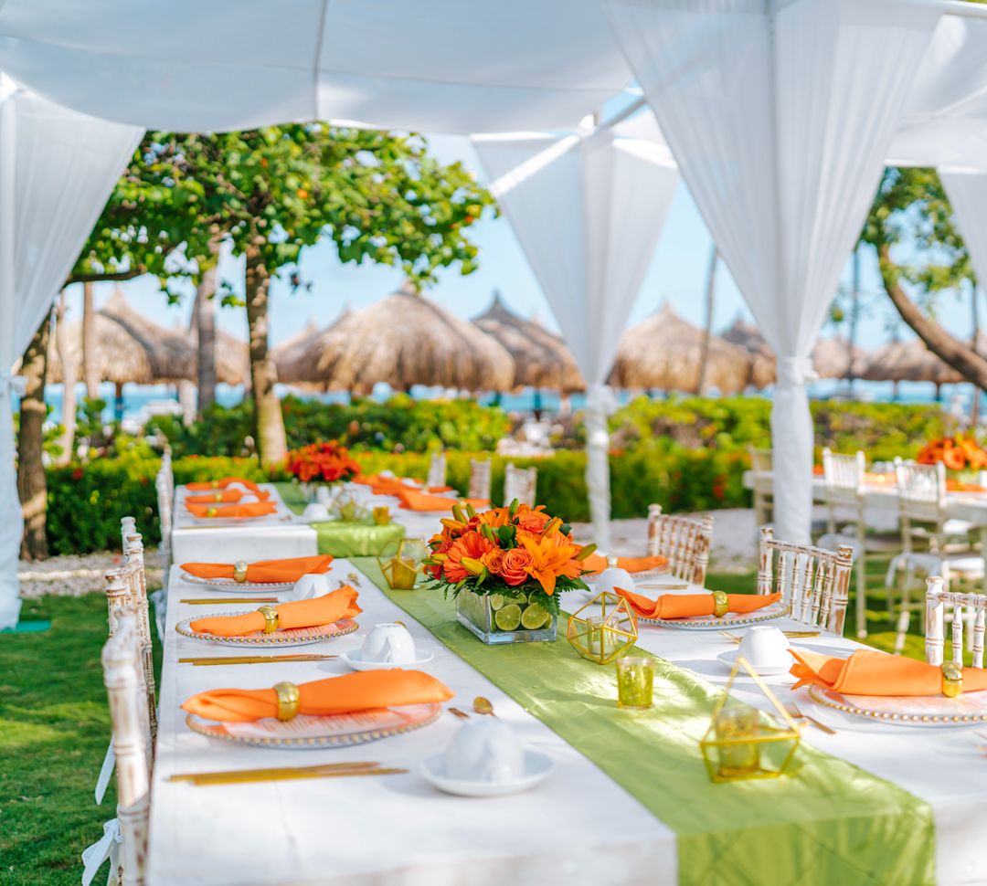 Outdoor seating area with tables and chairs