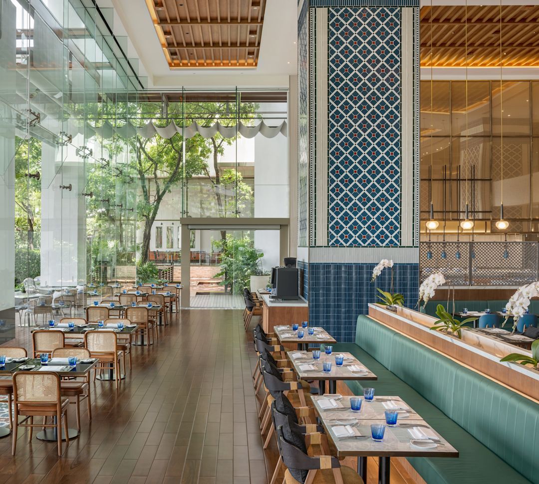 Dining area with tables and chairs set up