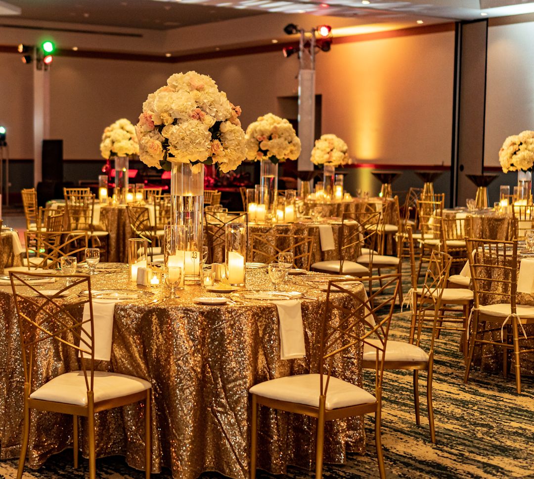 ballroom with round tables setup for event