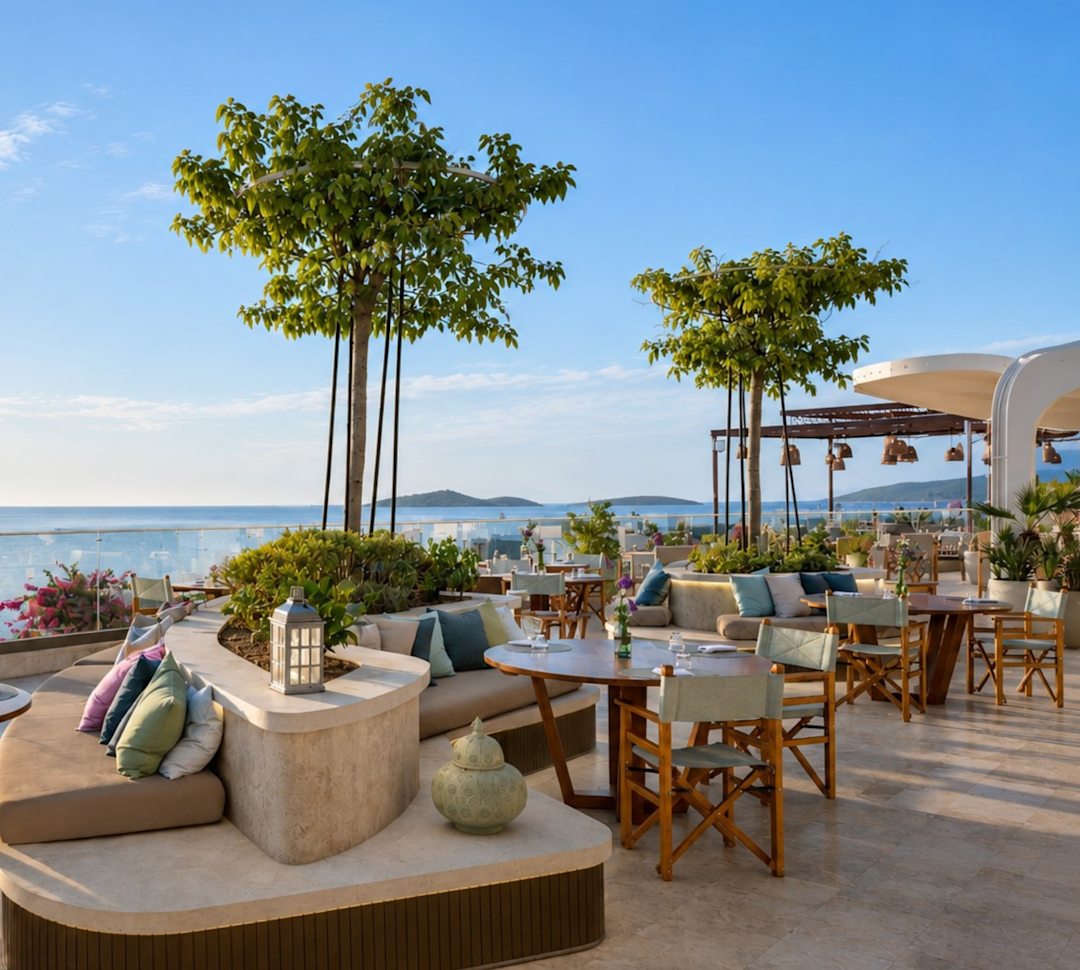 Terrazza del ristorante - Allestimento per la prima colazione con vista