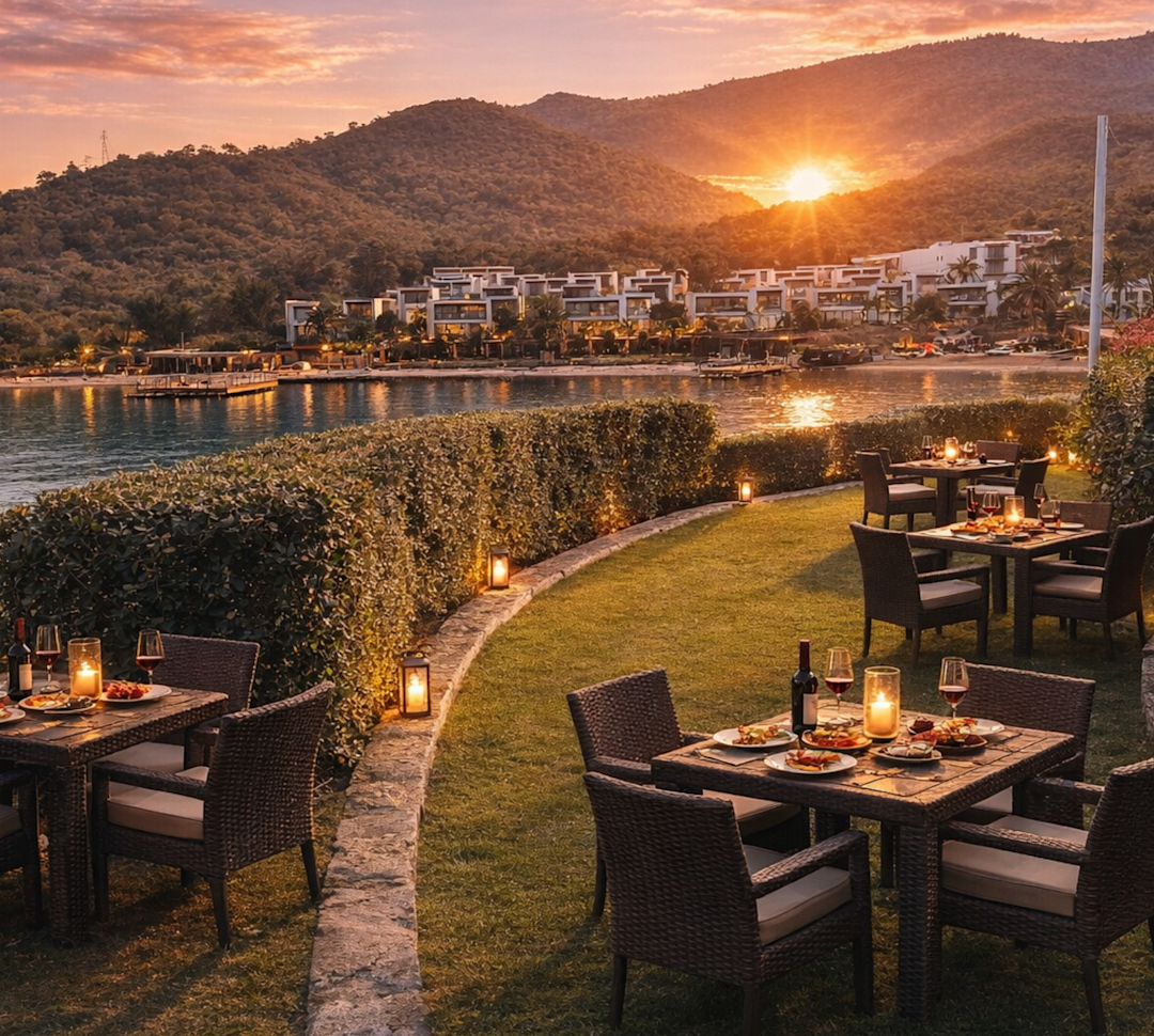 Romantischer Essbereich im Freien mit Blick aufs Wasser im Restaurant "Octozen"
