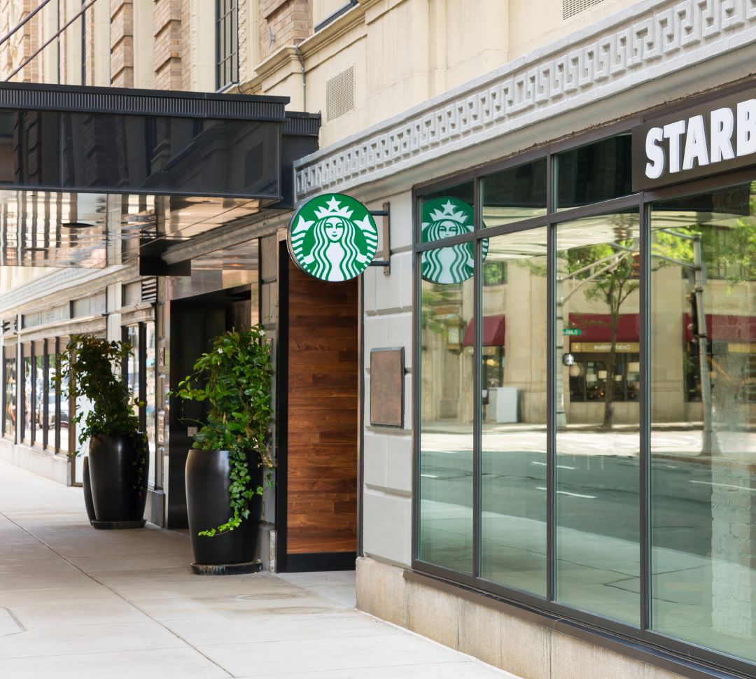 Hotel exterior with Starbucks signage