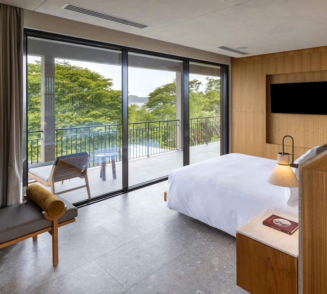 presidential suite, 1 king bed, tv, balcony view of the trees