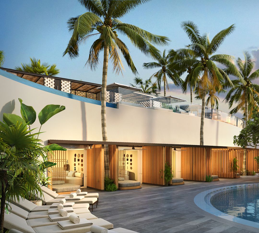 Render cabana tepi kolam saat matahari terbenam