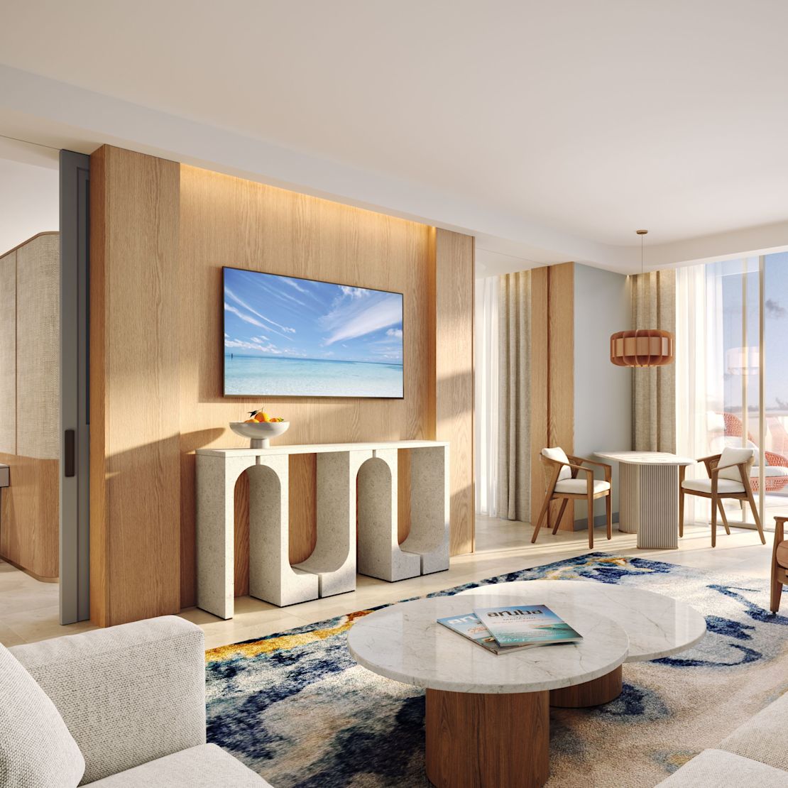 guest suite lounge area, sofa, coffee table, chairs, tv-transition