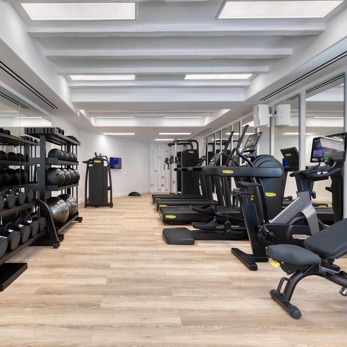 مركز لياقة بدنية مجهز بأوزان وأجهزة تمارين تقوية عضلة القلب، بالإضافة إلى مرايا وكرات طبية للانتقال