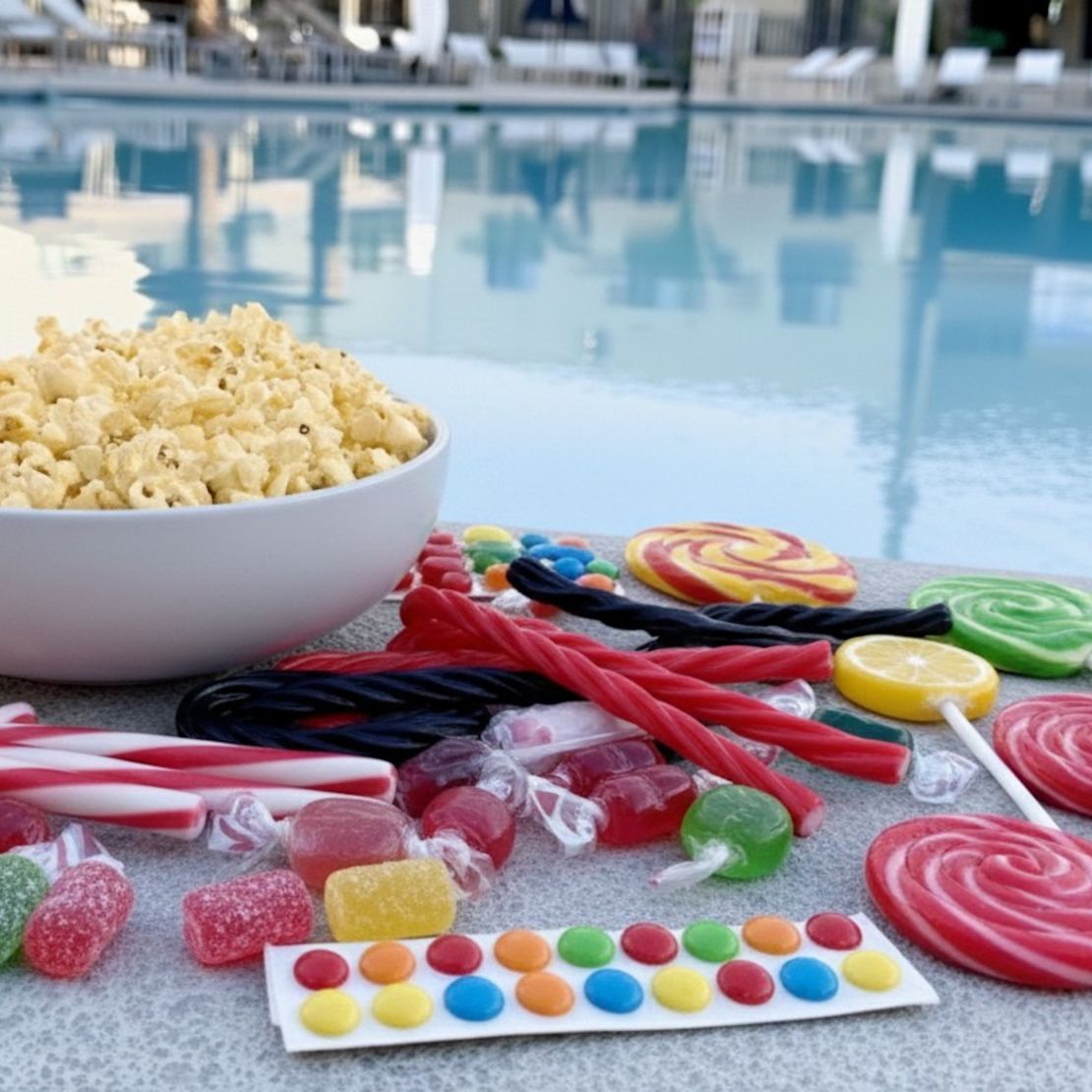 A variety of colorful candies and popcorn with the pool in the background.-transition