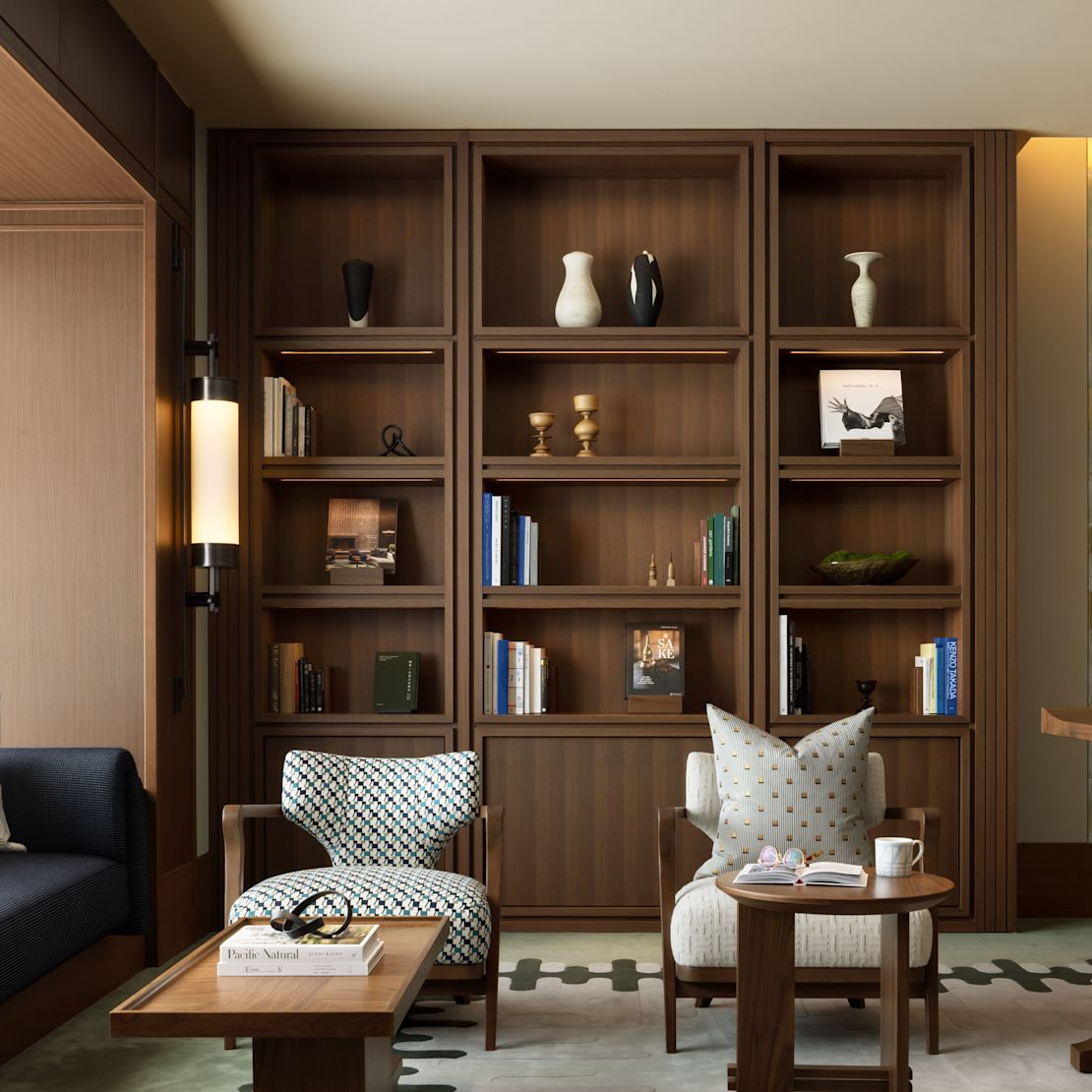 Library area with comfortable seating area and shelves-transition