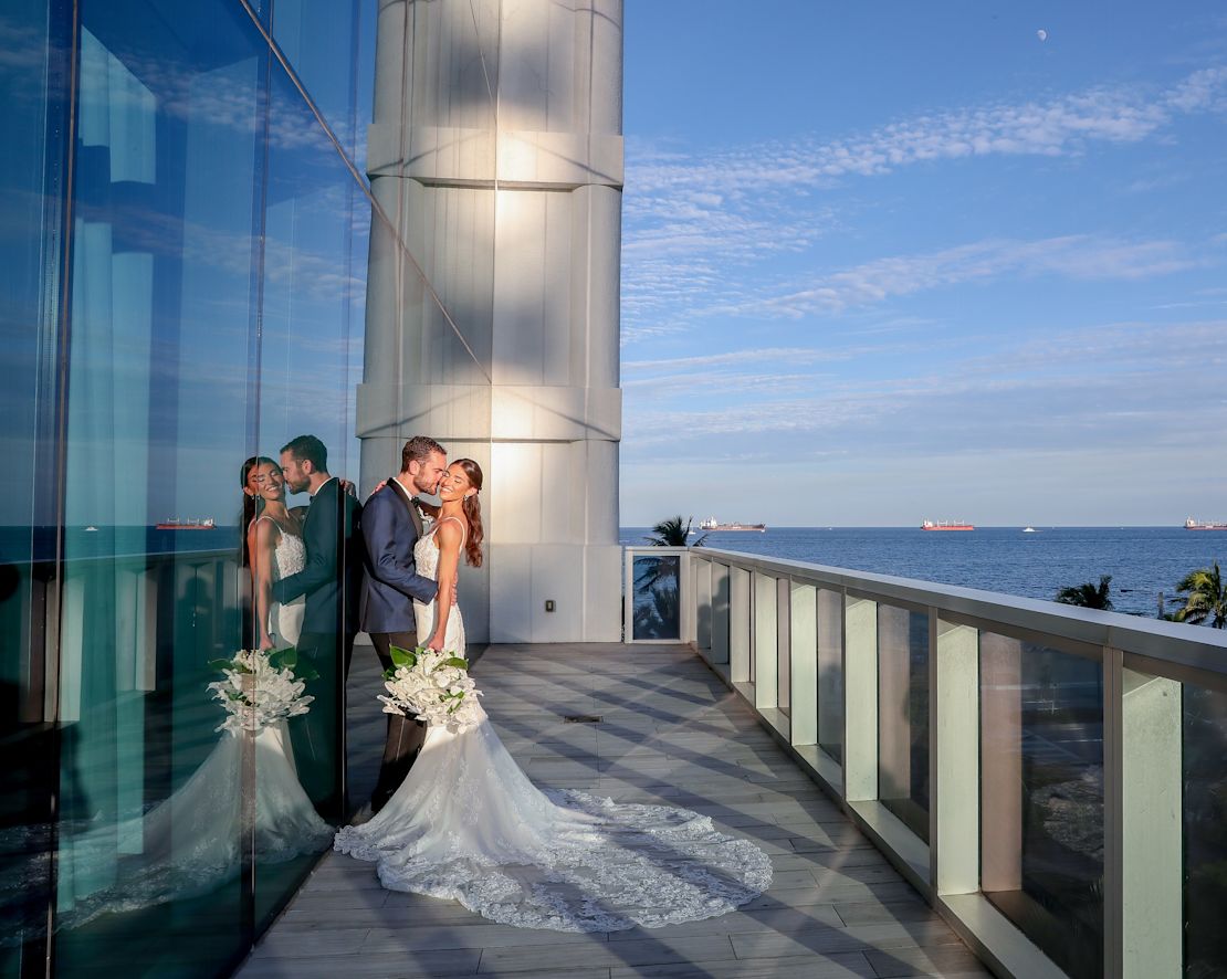 Wedding Couple Outside on Balcony-transition