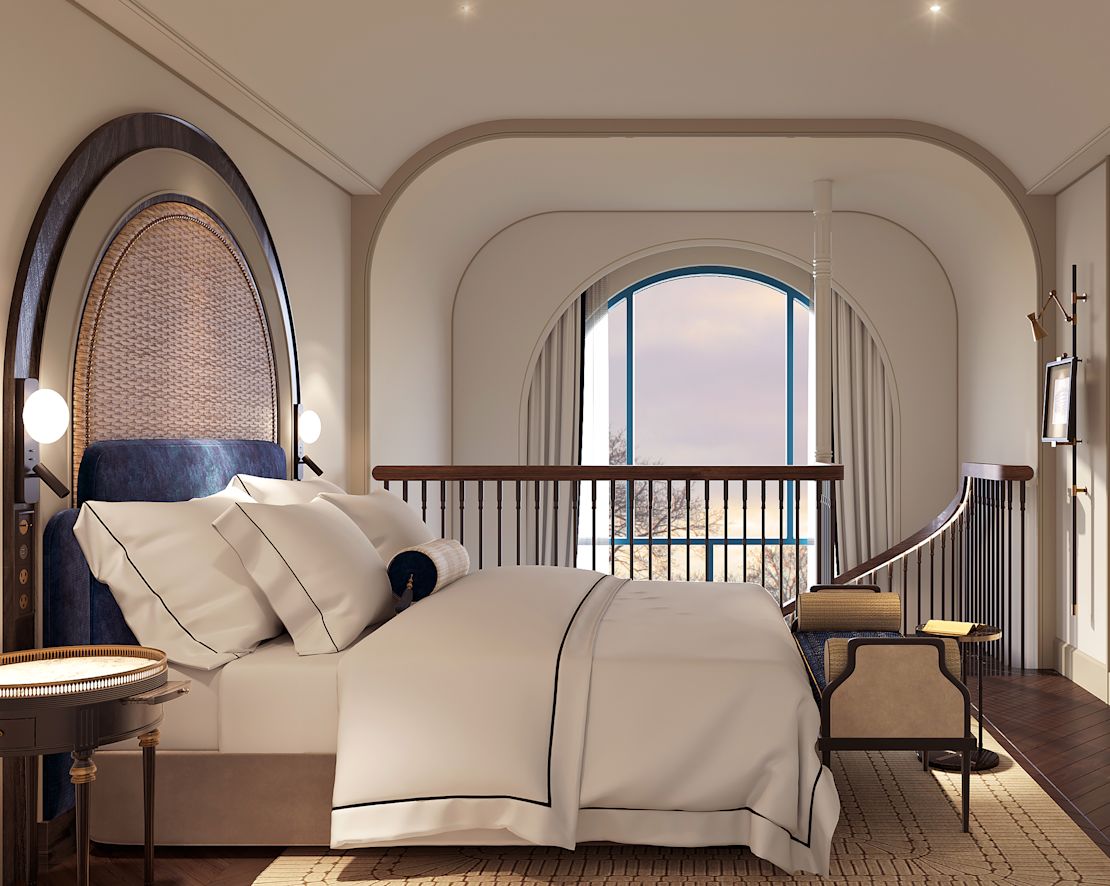 Duplex bedroom withh one bed and elegant asian-inspired decor.-previous-transition