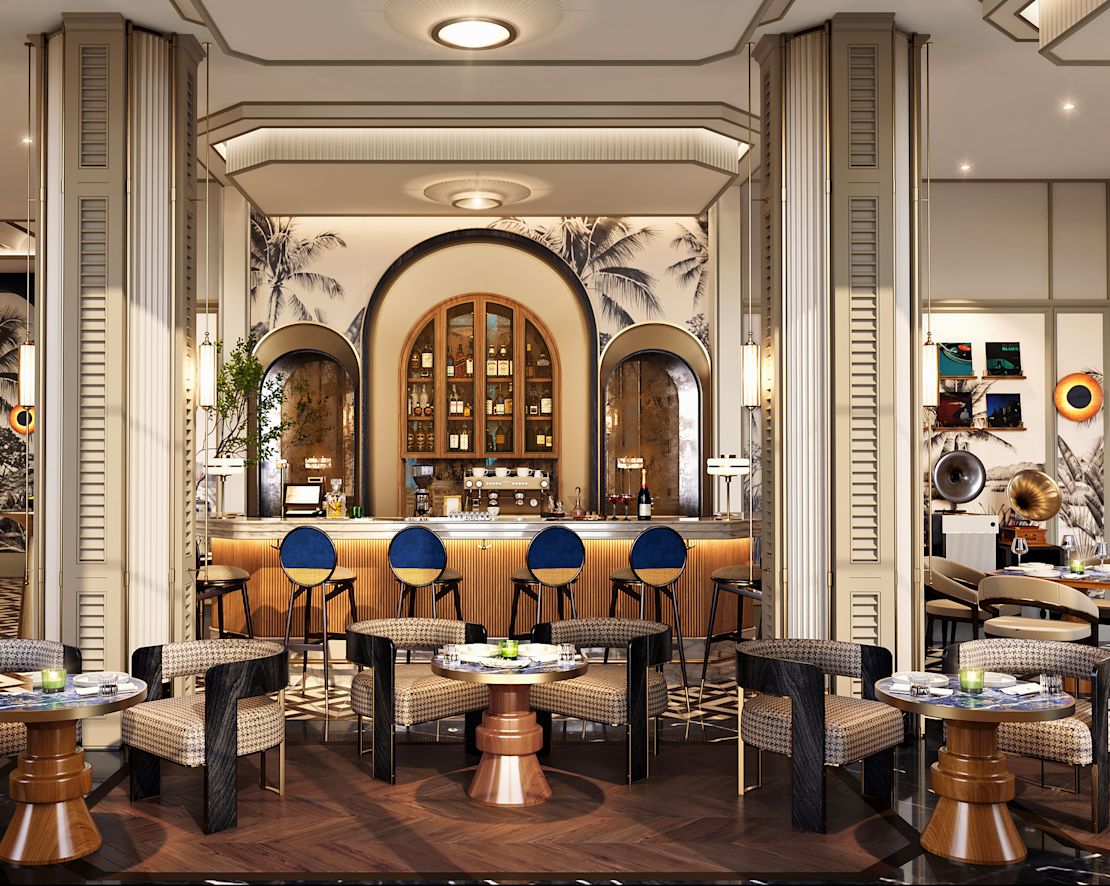 イタリア広場ロビーのリビングエリアとバー。次のトランジション