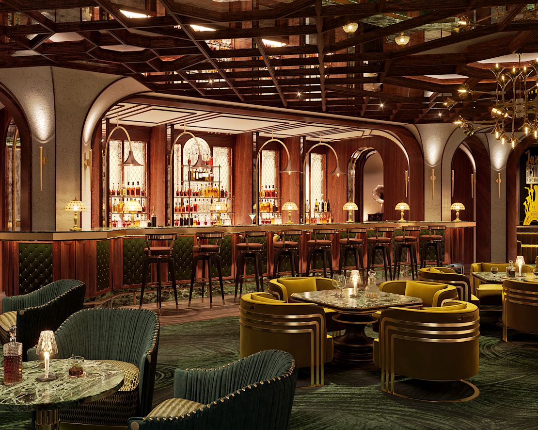 テーブルとスツールを備えたジャズ・バー。